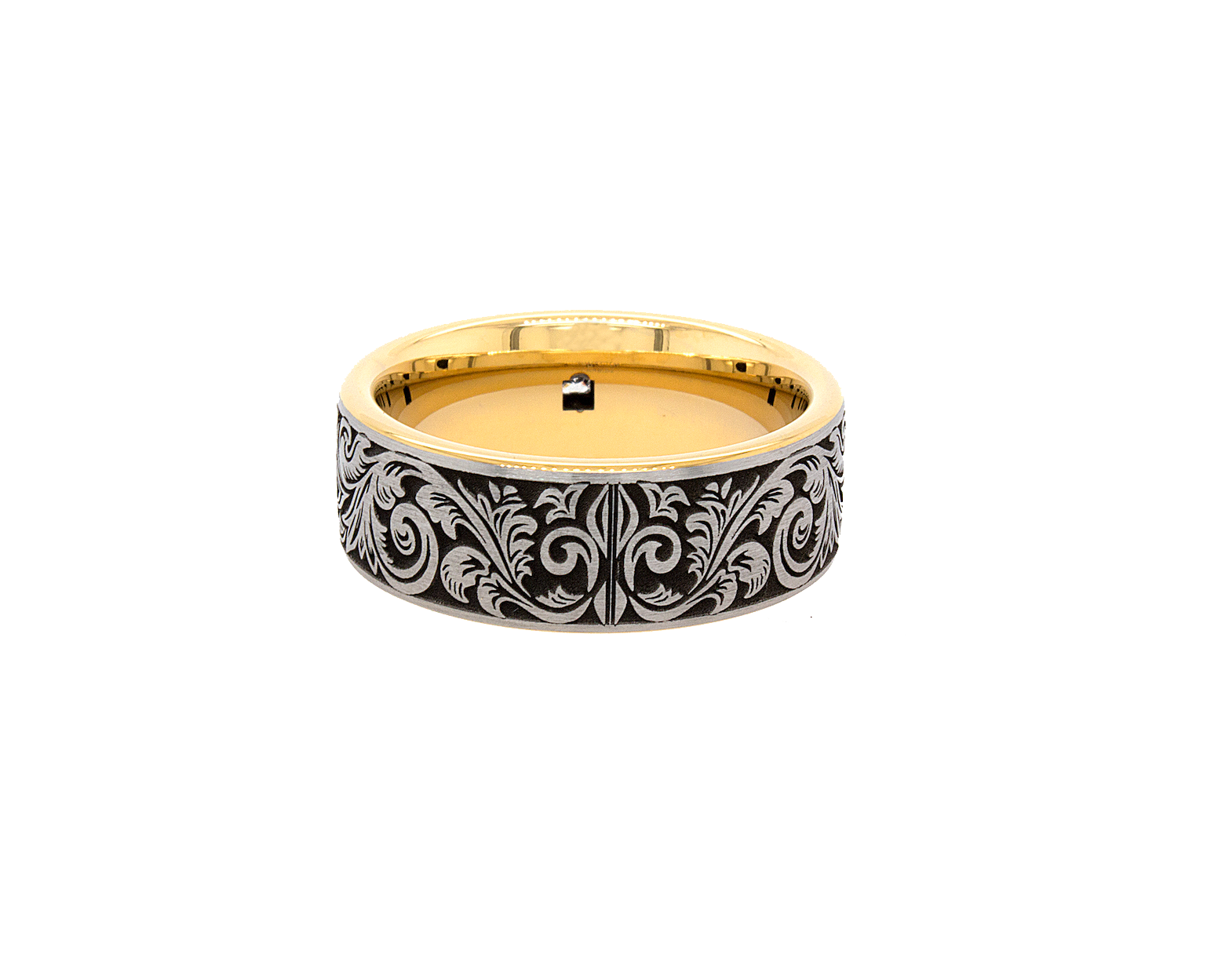 ring, ring with white background, tungsten ring, wedding band, ring with yellow gold plating, yellow gold ring, victorian engraved ring, victorian wedding band, engraved wedding band, personalized wedding band, custom wedding band, brushed finished ring