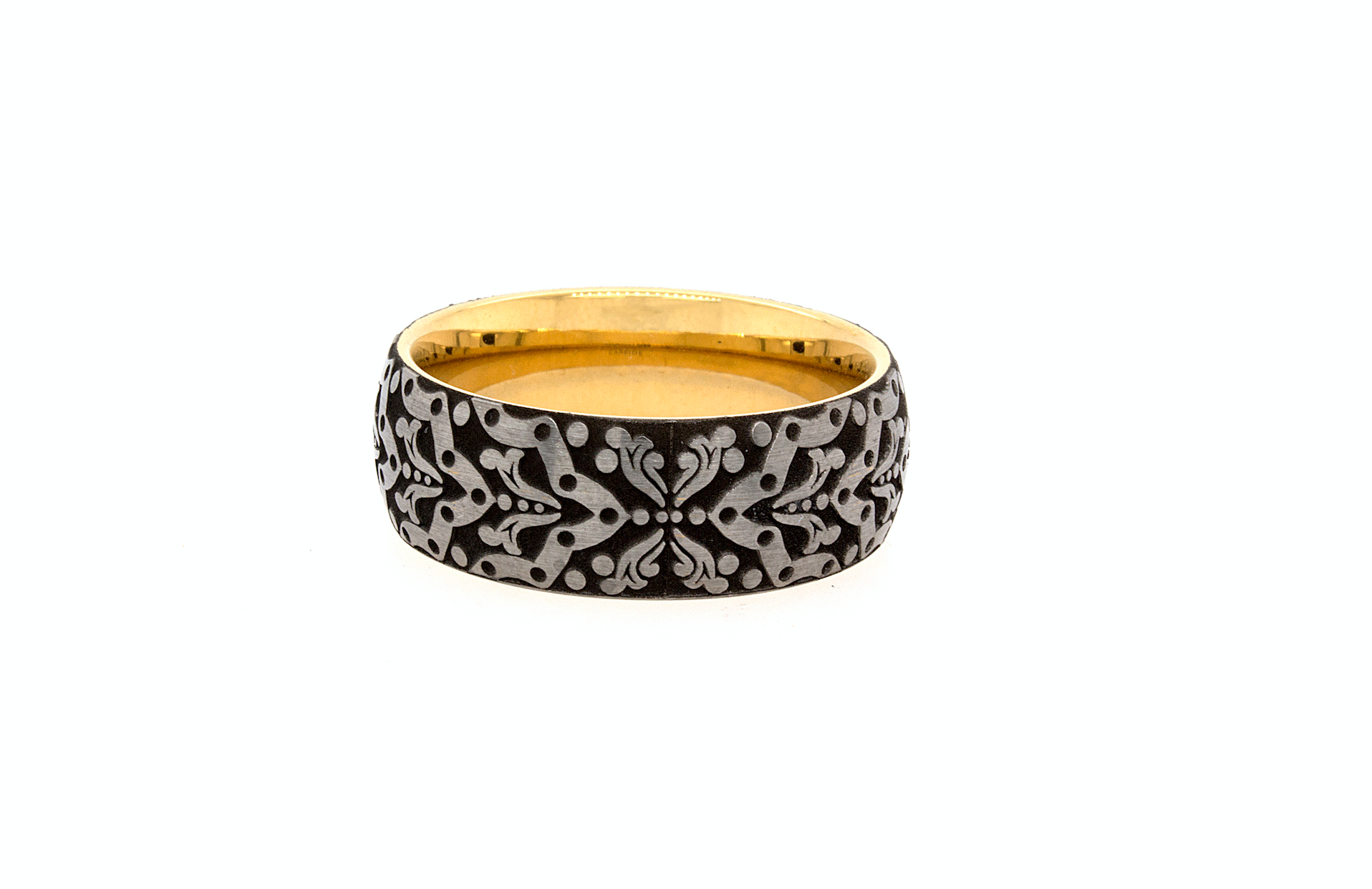 ring, ring with white background, ring with yellow gold background, ring with initials, ring with personalized initials, ring with eagles, medieval designs, ring with medieval inspired engravings, yellow gold plated tungsten, mens wedding band, women's wedding band