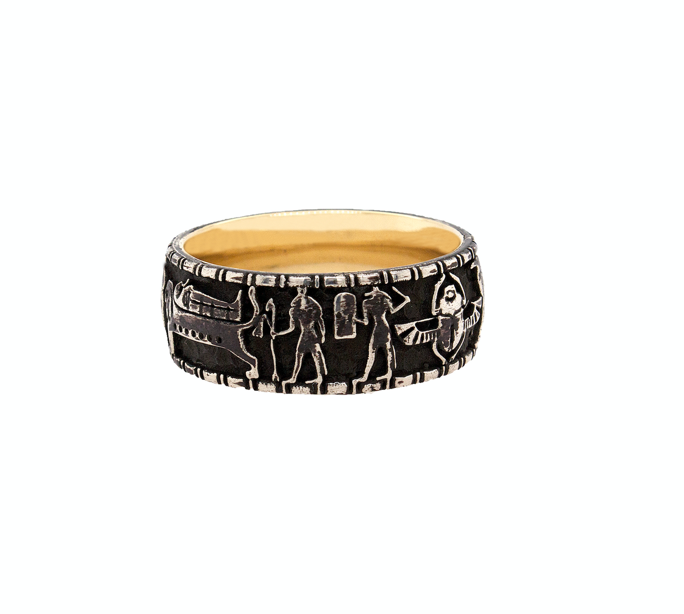 ring, ring on white background, silver ring, sterling silver ring, fashion jewelry, engraved ring, oxidized silver ring, yellow gold plated ring, ancient Egyptian ring, Egyptian symbols, ring for him, ring for her, historical ring