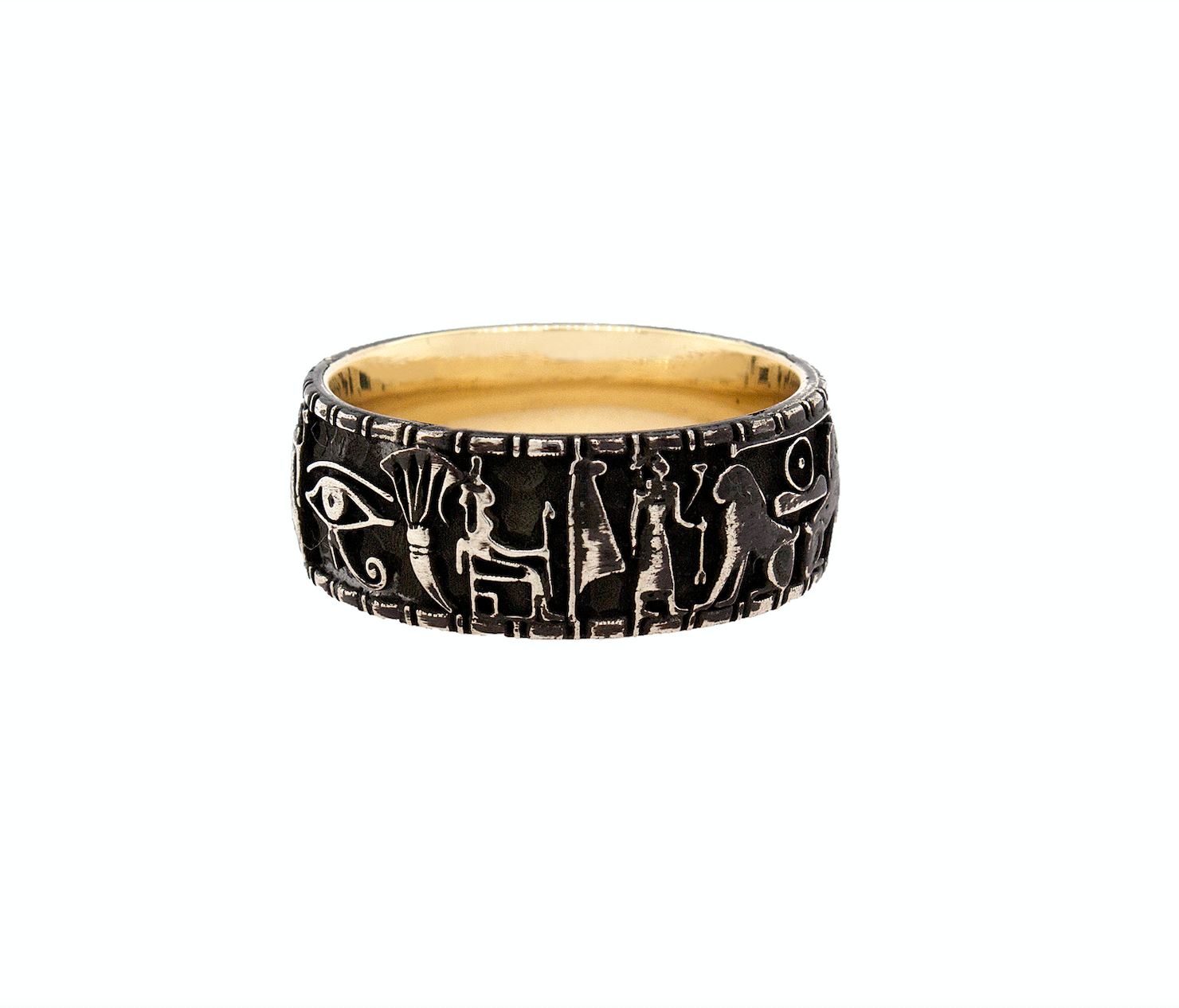 ring, ring on white background, silver ring, sterling silver ring, fashion jewelry, engraved ring, oxidized silver ring, yellow gold plated ring, ancient Egyptian ring, Egyptian symbols, ring for him, ring for her, historical ring