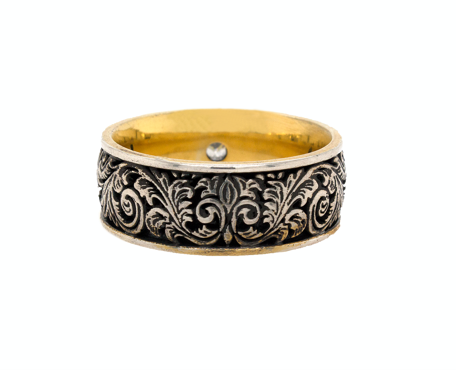 ring, ring on white background, silver ring, sterling silver ring, oxidized ring, yellow gold plated ring, diamond ring, round shaped diamond, yellow gold plated silver ring, oxidized silver ring, victorian ring, engraved ring, custom ring, mens ring, women's ring