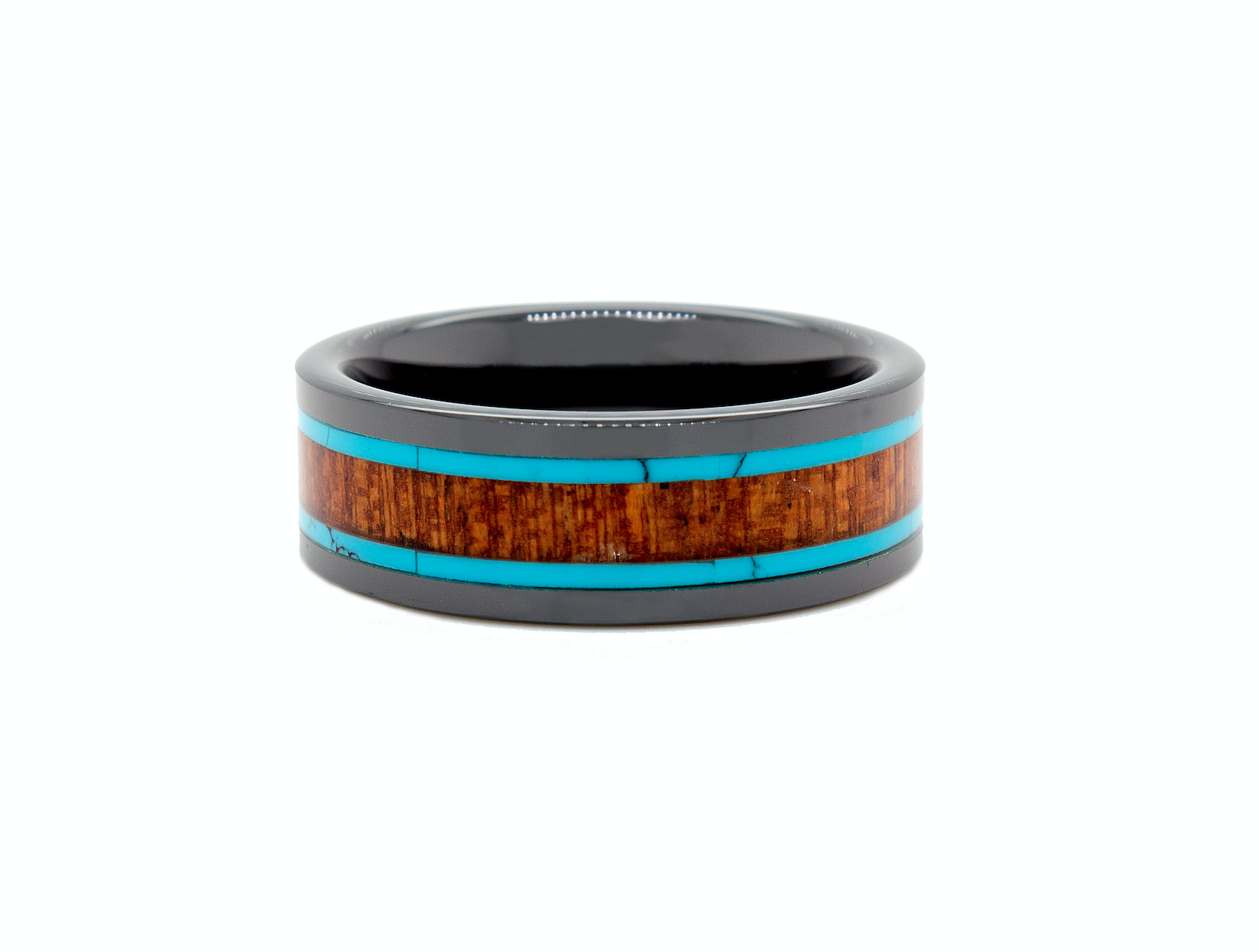 ring, ring on white background, black ring, black plated ring, mens wedding band, wooden wedding band, ring with turquoise inlay, turquoise ring, wood ring, black ring, flat shaped ring, mens wedding band, women's wedding band