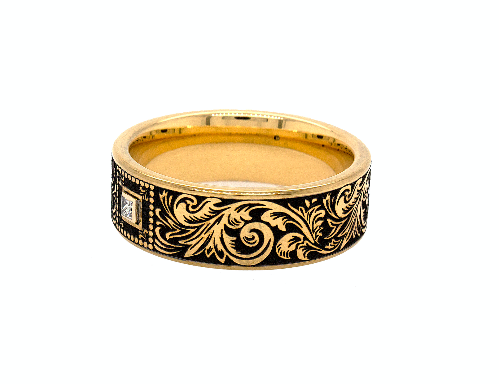 ring, ring with white background, yellow gold plated tungsten, engraved ring, yellow gold plated ring, square shaped ring, diamond ring, wedding band, mens wedding band, women's wedding band