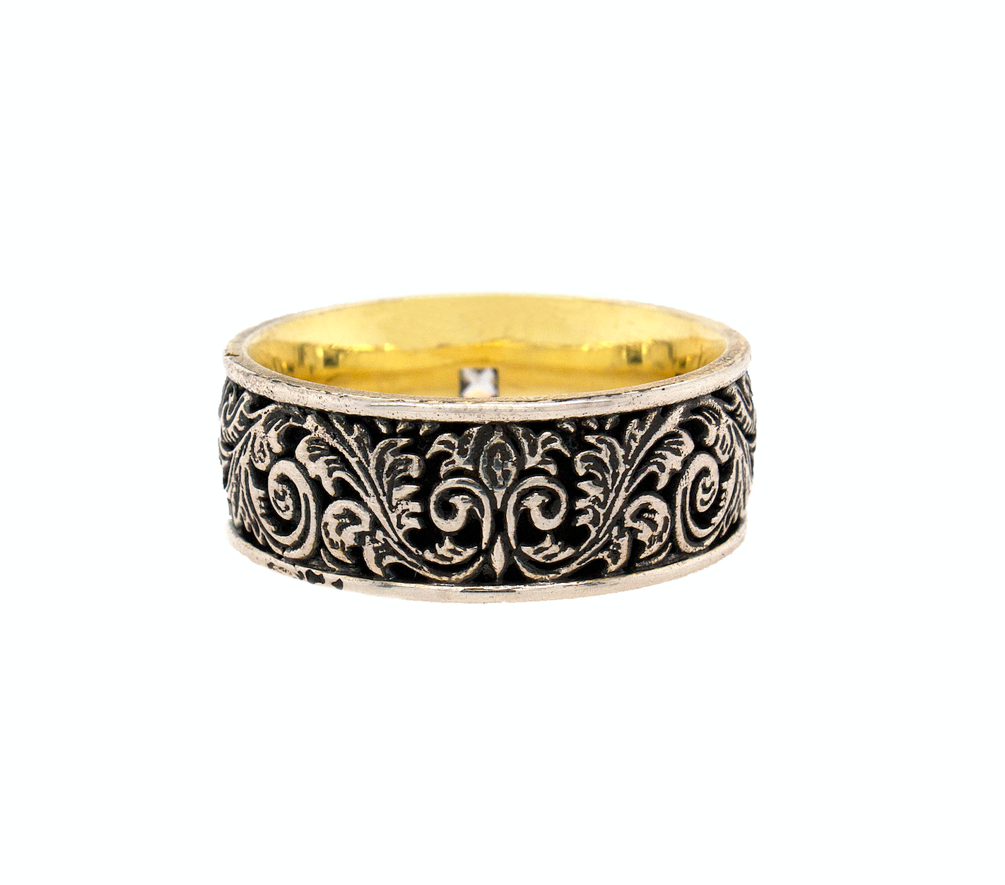 ring, ring on white background, mens rings, women's rings, yellow gold plated ring, oxidized silver ring, diamond ring, square shaped diamond, victorian ring, victorian style engraving, mens rings, women's rings, unique rings, custom ring