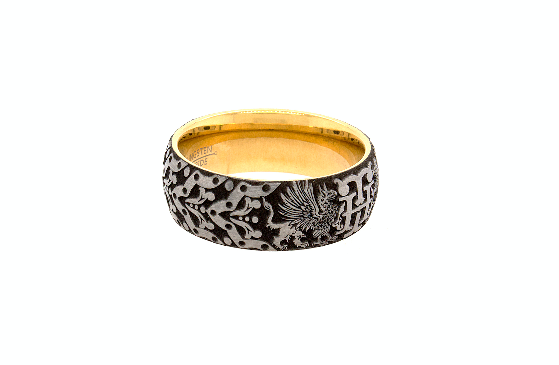 ring, ring with white background, ring with yellow gold background, ring with initials, ring with personalized initials, ring with eagles, medieval designs, ring with medieval inspired engravings, yellow gold plated tungsten, mens wedding band, women's wedding band