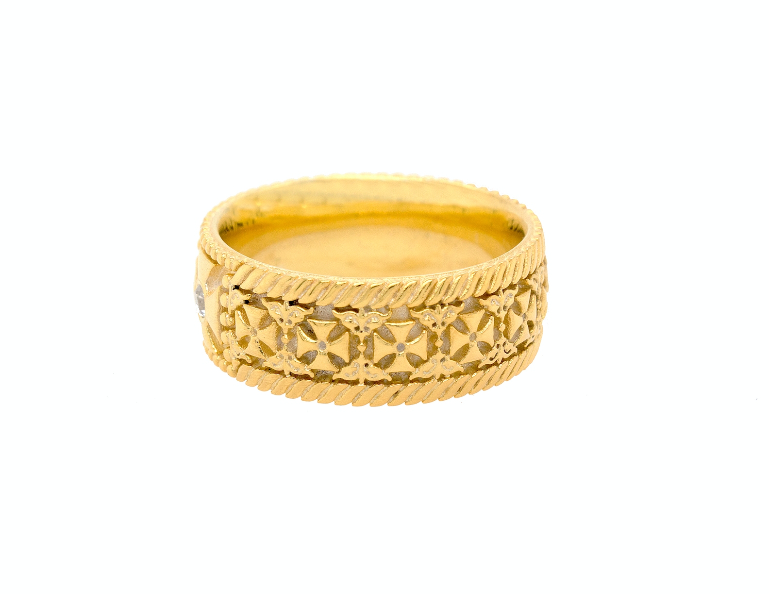 ring, ring on white background, mens ring, womens ring, solid gold ring, solid gold wedding band, 8mm ring, gold ring, cross ring, engraved ring, custom ring, diamond ring, diamond wedding band