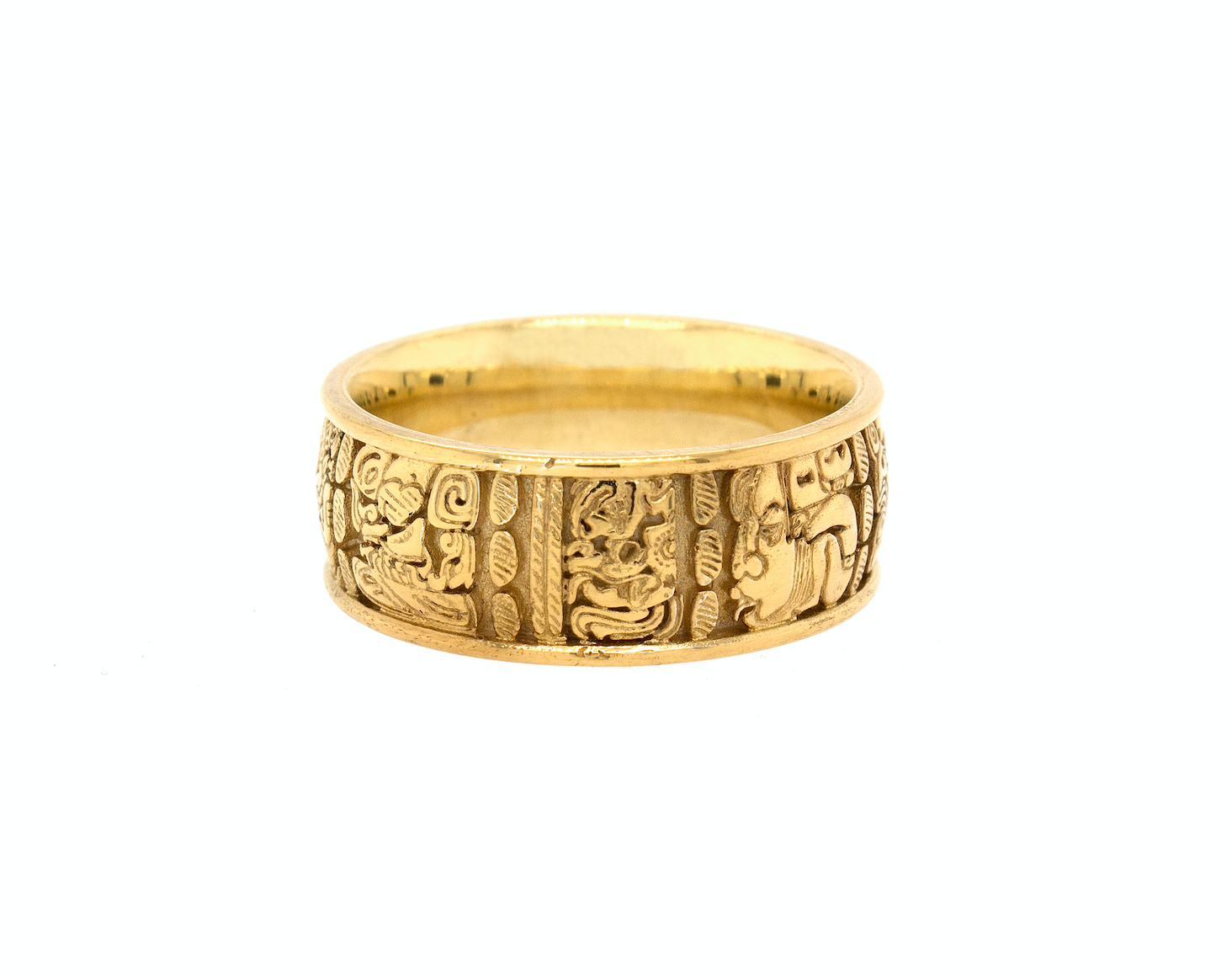 ring, ring on white background, mens ring, womens ring, wedding band, solid gold ring, gold wedding band, mayan ring, ring with mayan symbols, engraved ring, custom ring, unique ring, historical ring