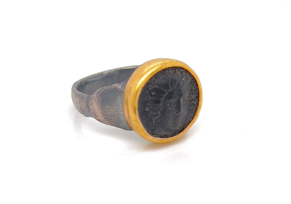 24k Gold and Silver Handmade Ring Featuring Medusa on Black Onyx