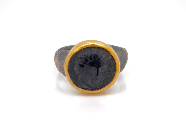 24k Gold and Silver Handmade Ring Featuring Medusa on Black Onyx