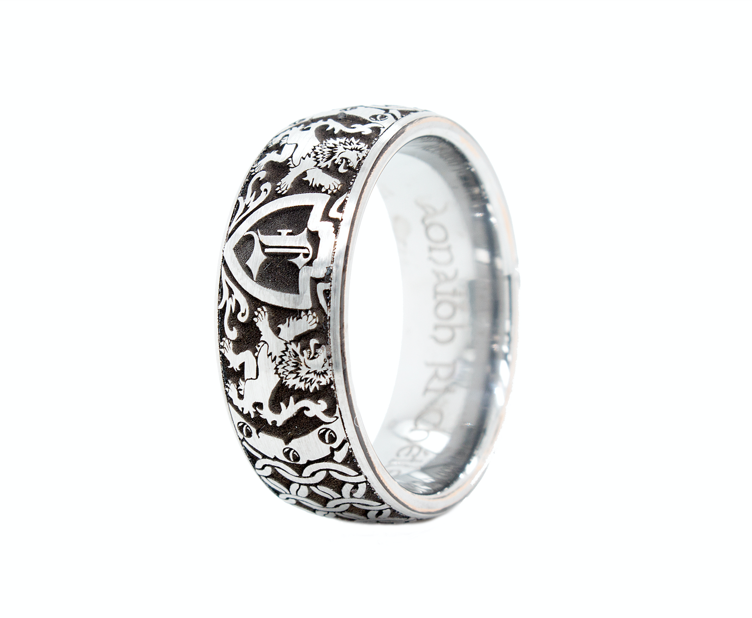 ring, ring with white background, mens rings, tungsten ring, custom ring, personalized ring, engraved ring, custom wedding band, shield, initial, ring with initial, lions, medieval designs