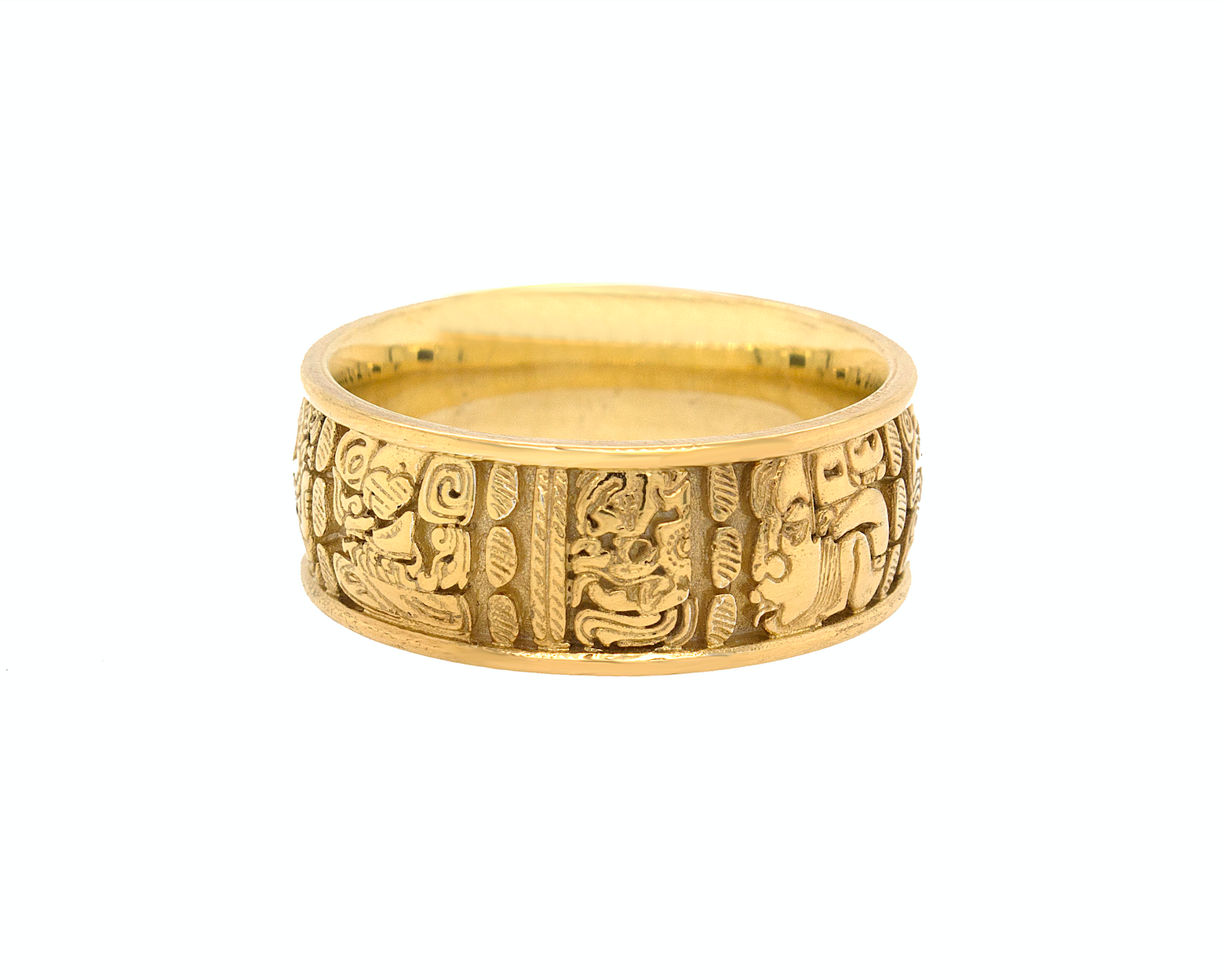 ring, ring on white background, mens ring, womens ring, wedding band, solid gold ring, gold wedding band, mayan ring, ring with mayan symbols, engraved ring, custom ring, unique ring, historical ring