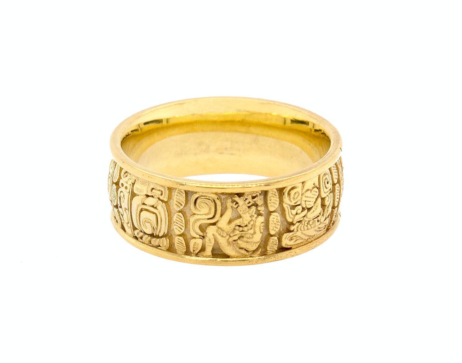 ring, ring on white background, mens ring, womens ring, wedding band, solid gold ring, gold wedding band, mayan ring, ring with mayan symbols, engraved ring, custom ring, unique ring, historical ring