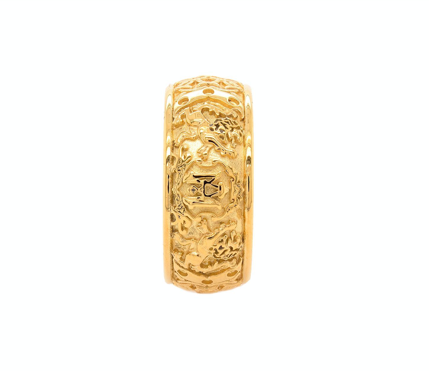 ring, ring on white background, gold ring, yellow gold ring, mens ring, wedding band, custom wedding band, ring with initials, personalized ring, medieval engravings, medieval inspired ring, ring with lions, monogram ring, unisex wedding band