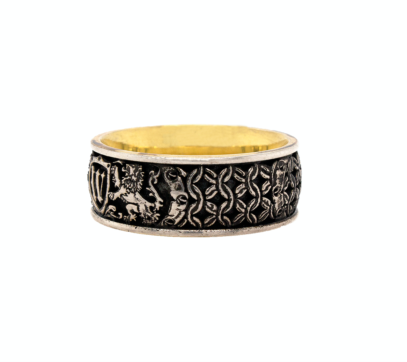ring, ring with white background, silver ring, yellow gold plated ring, silver and gold ring, mens rings, women's ring, medieval ring, ring with lions, ring with shield, initial ring, personalized ring, custom silver ring