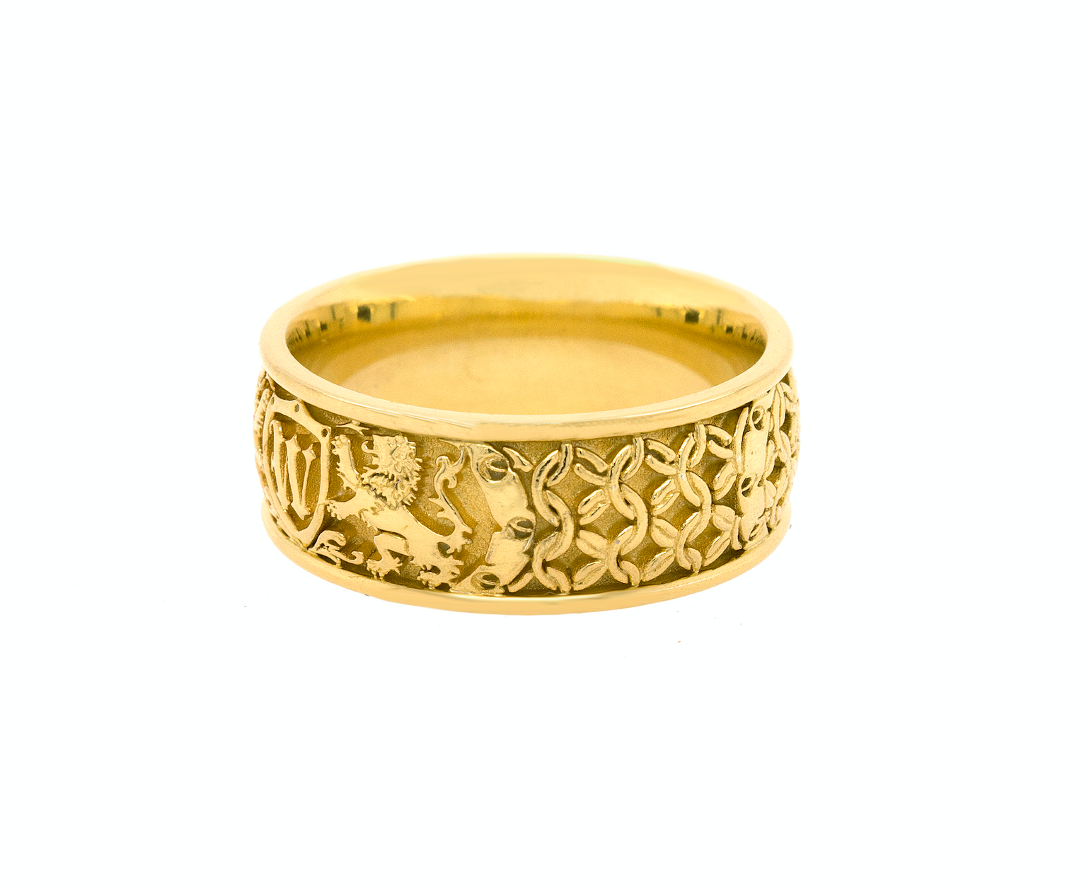 ring, ring on white background, gold ring, solid gold ring, yellow gold ring, engraved ring, ring with initial, ring with lions, medieval ring, wedding band, mens wedding band, womens wedding band, unisex ring, unique rings