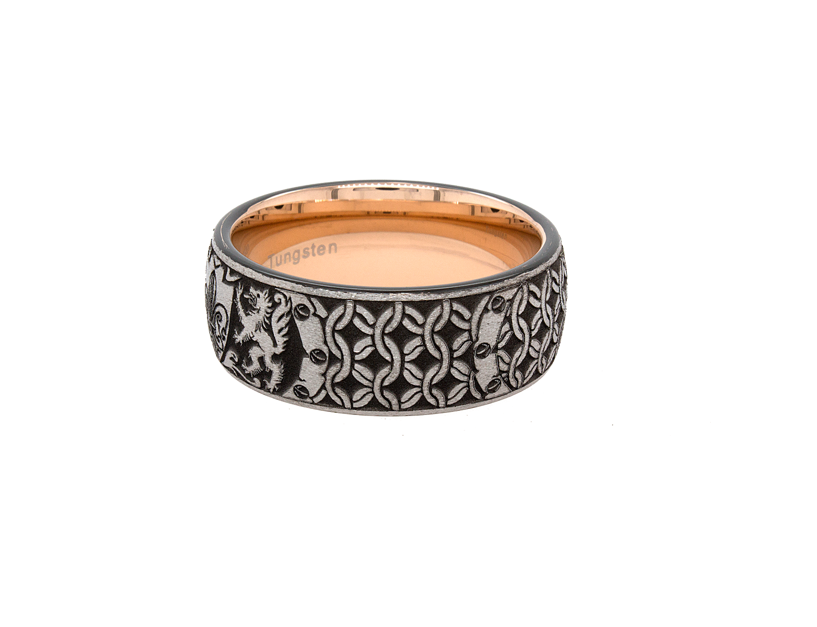 tungsten ring, wedding band, mens wedding band, women's wedding band, tungsten ring with rose gold plated interior, rose gold plated ring, fleur de lis ring, engraved ring, engraved wedding band, custom wedding band, personalized ring, mens wedding band, women's wedding band, rose gold ring, ring with shield, ring with wolves, wolf engraving Edit alt text