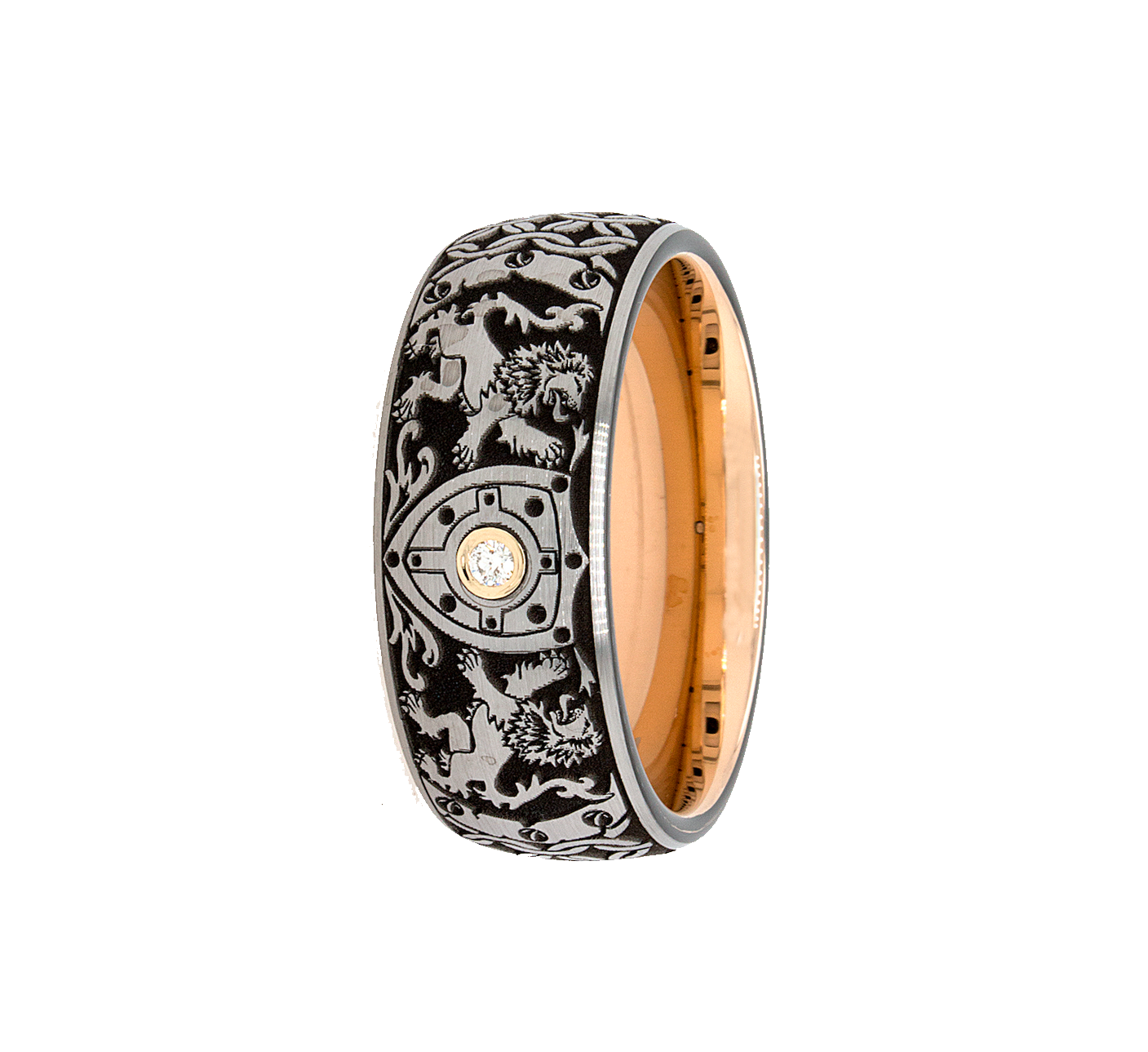 ring, ring on white background, mens ring, womens ring, medieval ring, tungsten ring, unisex ring, engraved ring, custom ring, diamond ring, diamond wedding band, diamond tungsten ring, rose gold plated interior, brushed exterior