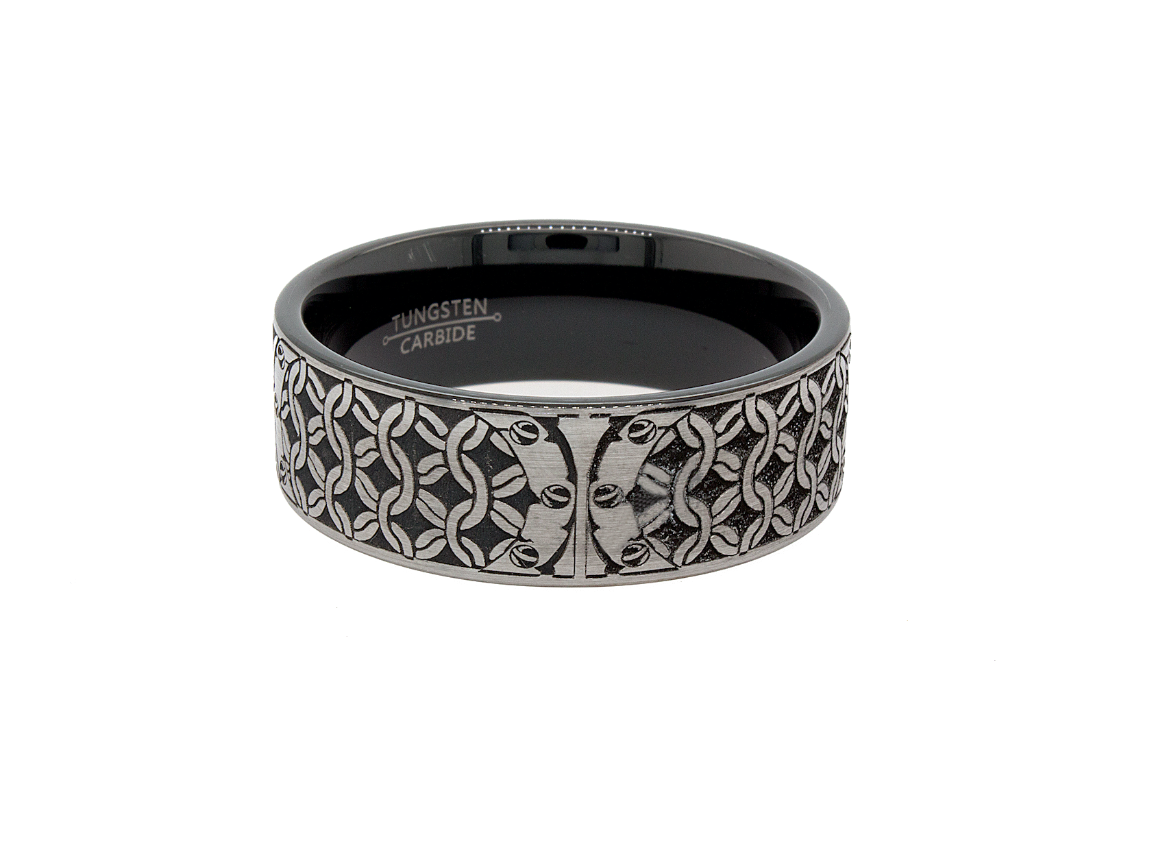 ring, ring on white background, mens wedding band, wedding band, tungsten ring, black and silver ring, engraved ring, ring with wolves, ring with shield, ring with flor de lis, flor de lis, custom ring, personalized ring, medieval ring, medieval designs
