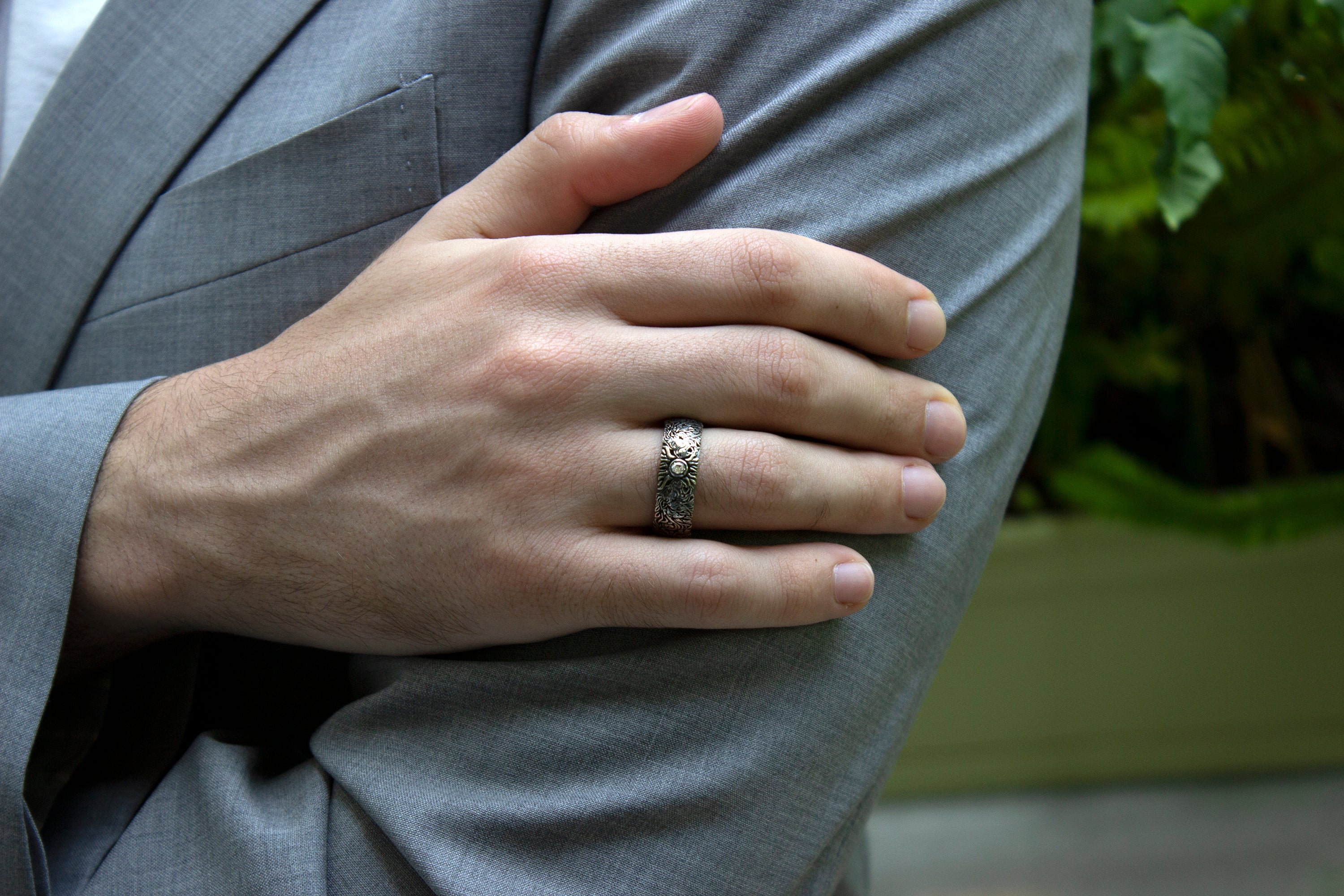 ring, ring on white background, mens rings, women's rings, ring with yellow gold plated interior, engraved ring, ring with lion heads, diamond ring, silver ring, sterling silver ring, medieval ring
