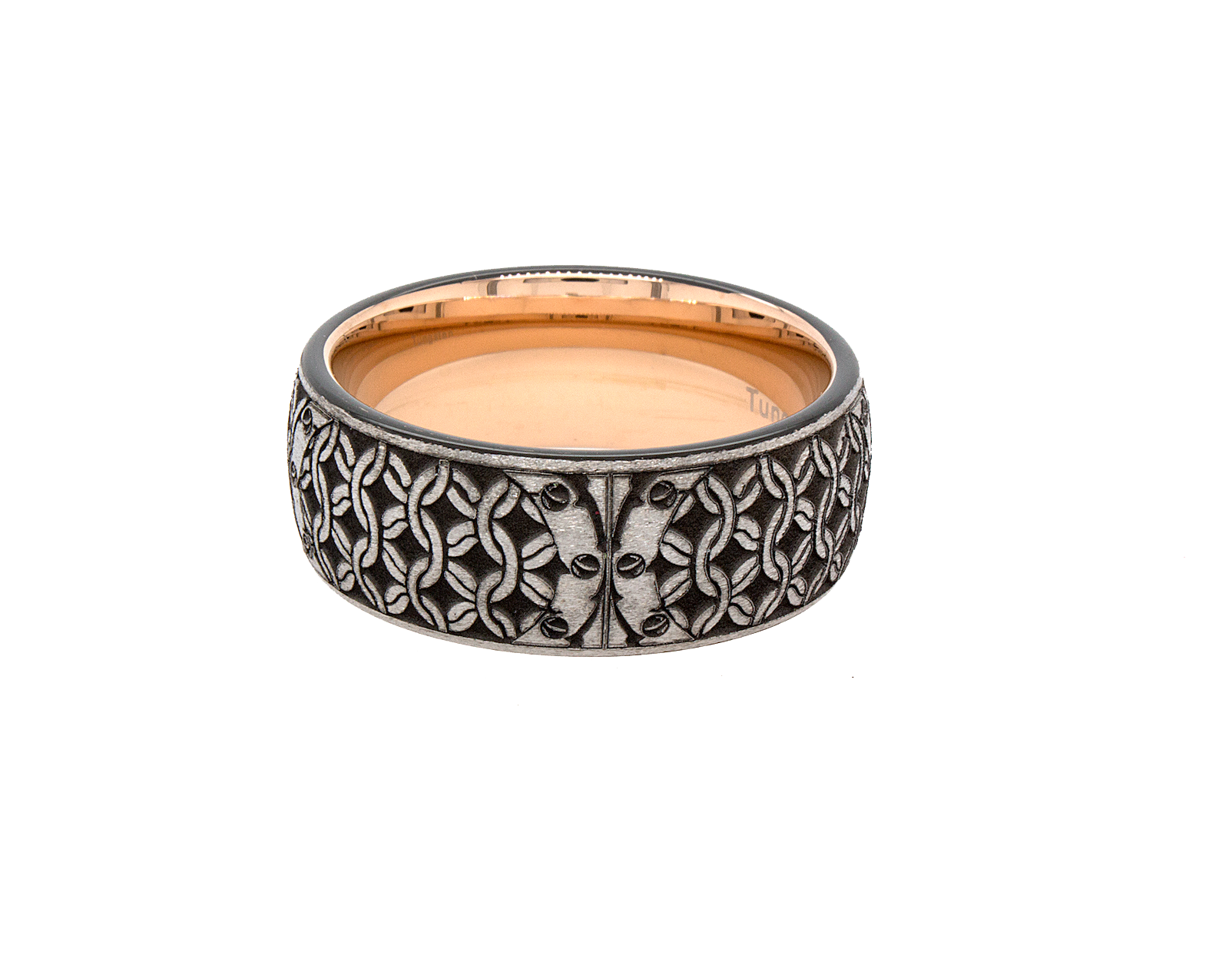 tungsten ring, wedding band, mens wedding band, women's wedding band, tungsten ring with rose gold plated interior, rose gold plated ring, fleur de lis ring, engraved ring, engraved wedding band, custom wedding band, personalized ring, mens wedding band, women's wedding band, rose gold ring, ring with shield, ring with wolves, wolf engraving Edit alt text