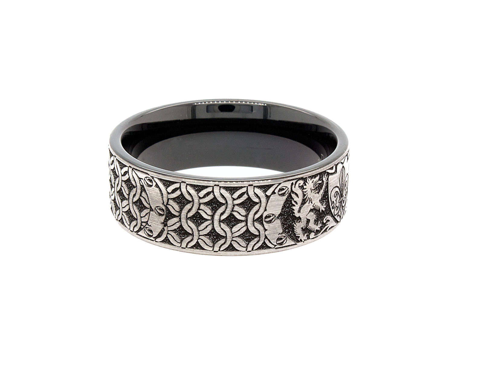 ring, ring on white background, mens wedding band, wedding band, tungsten ring, black and silver ring, engraved ring, ring with wolves, ring with shield, ring with flor de lis, flor de lis, custom ring, personalized ring, medieval ring, medieval designs