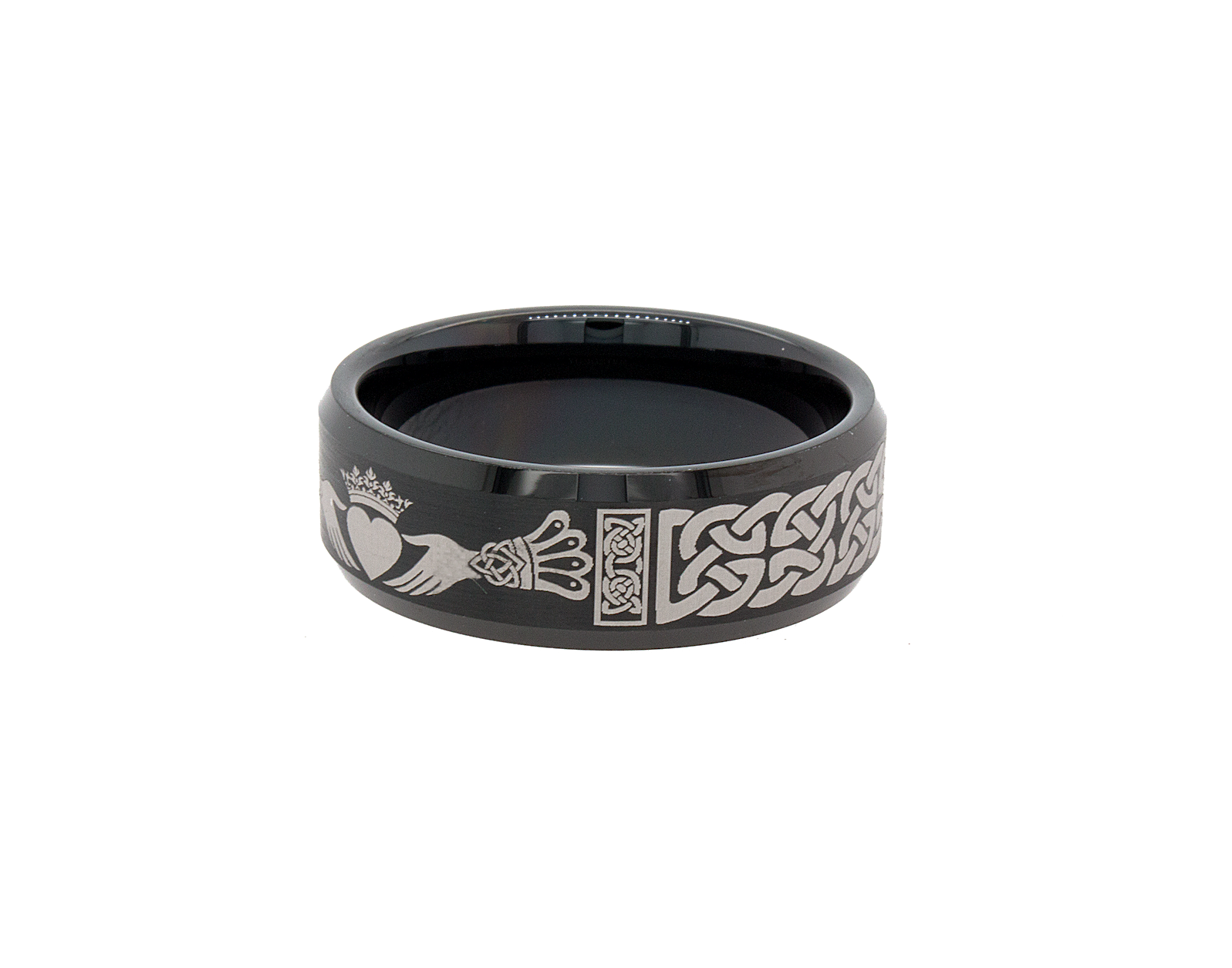 ring, ring on white background, black ring, black tungsten ring, mens wedding band, wedding band, irish ring, irish claddagh ring, claddagh ring, celtic ring, celtic wedding band