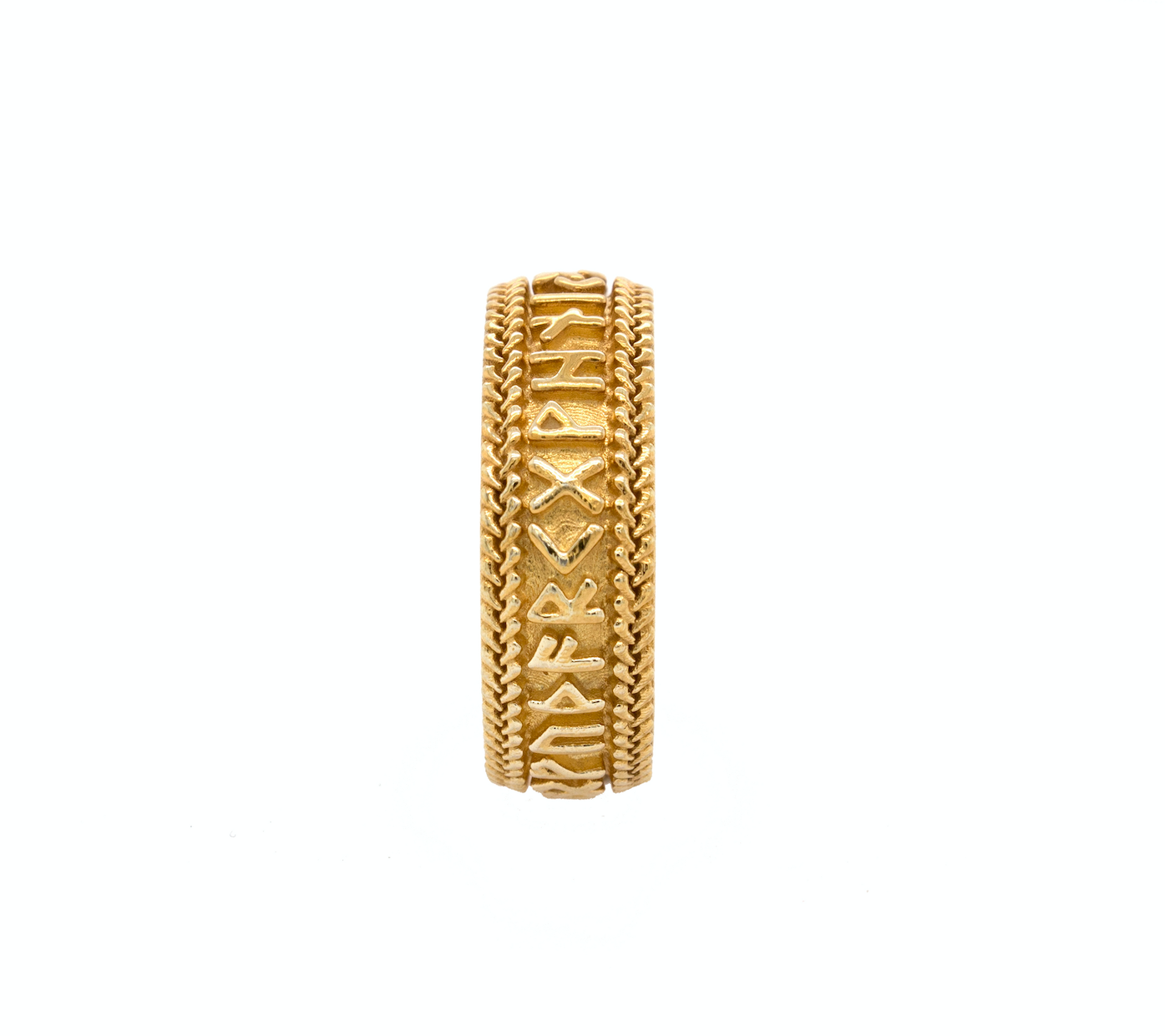 ring, ring on white background, mens ring, womens ring, wedding band, mens wedding band, yellow gold ring. solid gold ring, runes ring, runes engraving, nordic runes ring, custom gold ring, personalized gold ring