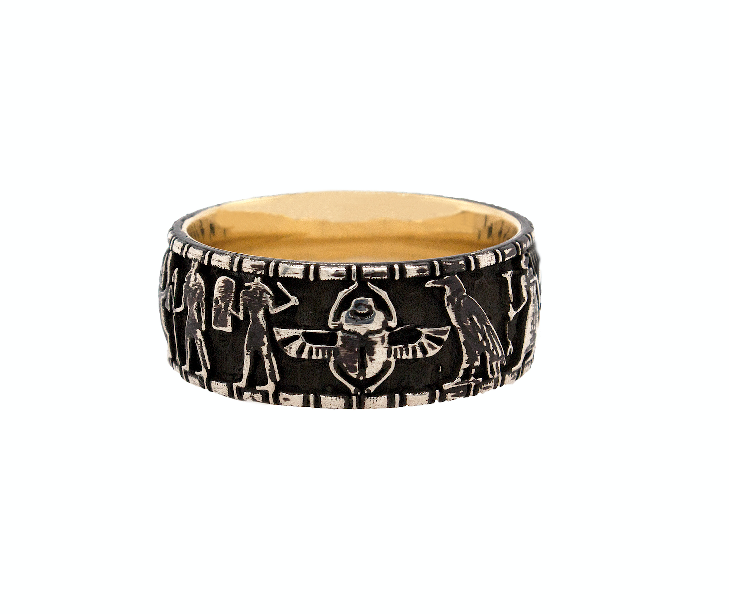 ring, ring on white background, silver ring, sterling silver ring, fashion jewelry, engraved ring, oxidized silver ring, yellow gold plated ring, ancient Egyptian ring, Egyptian symbols, ring for him, ring for her, historical ring
