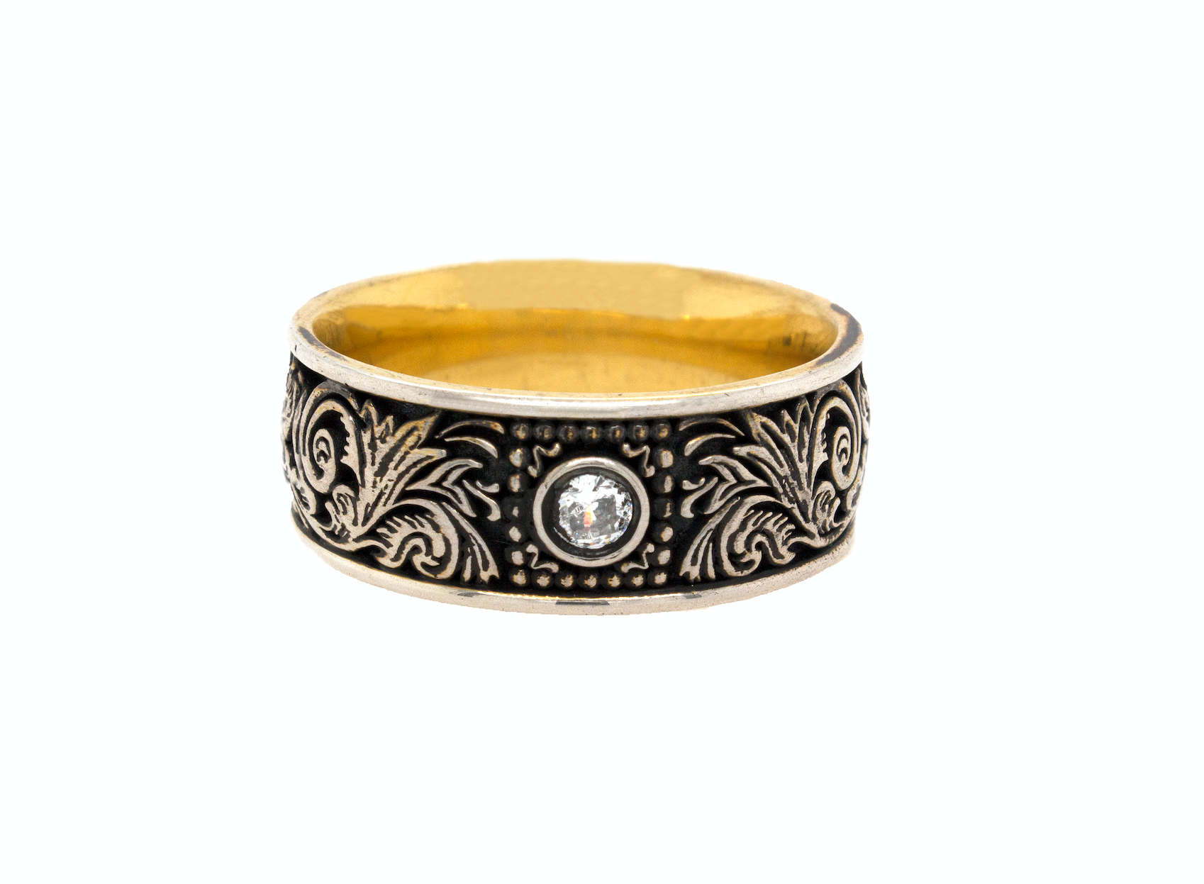 ring, ring on white background, silver ring, sterling silver ring, oxidized ring, yellow gold plated ring, diamond ring, round shaped diamond, yellow gold plated silver ring, oxidized silver ring, victorian ring, engraved ring, custom ring, mens ring, women's ring