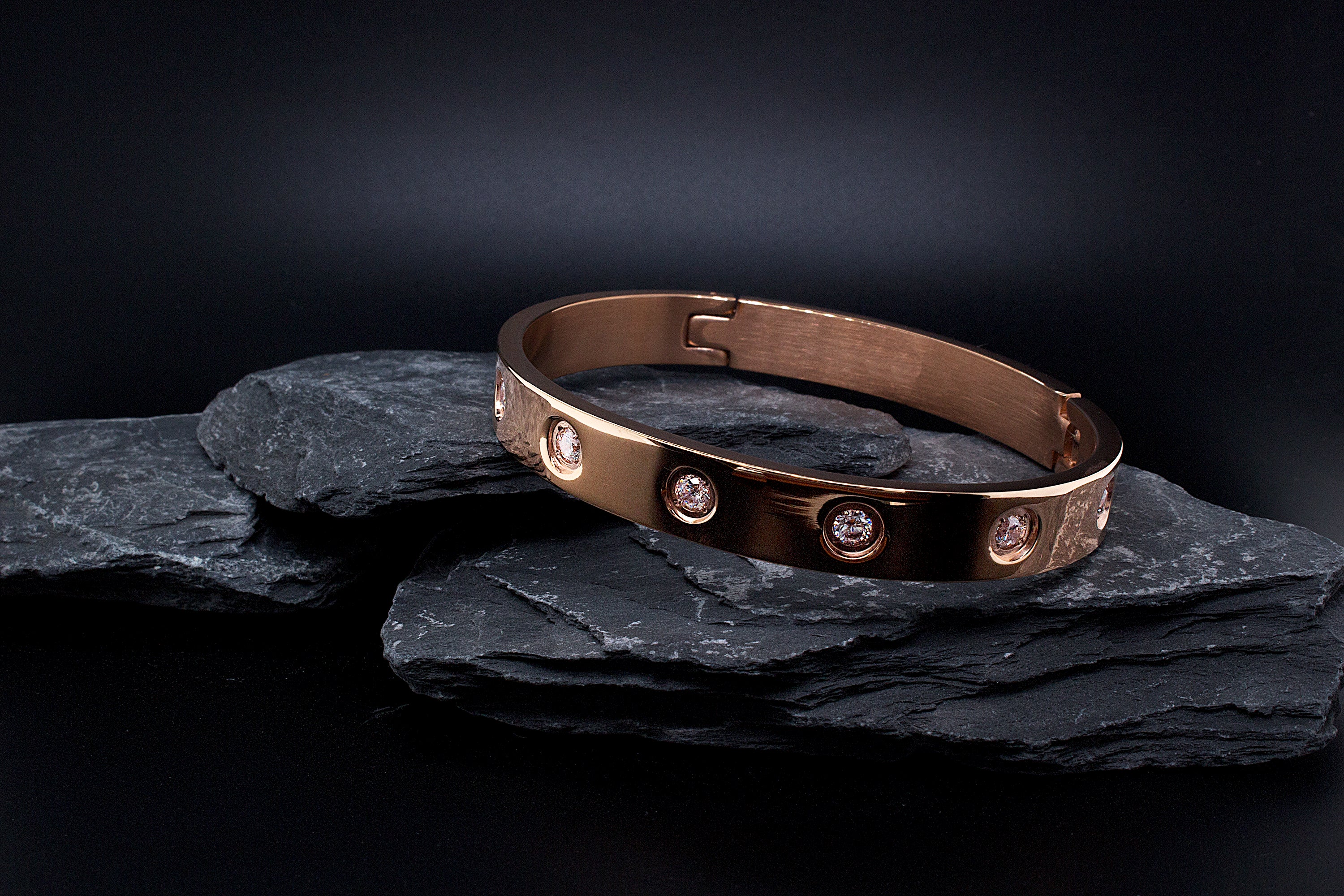 rose gold bracelet, bracelet on white background, bangle, bangle bracelet, rose gold bangle, cz bracelet, cubic zirconia bracelet, polished rose gold bracelet, stackable bracelet
