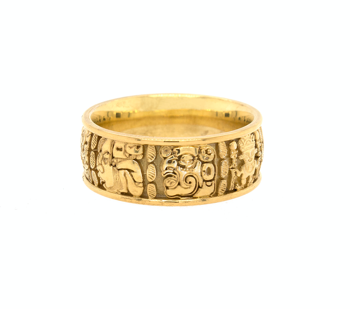 ring, ring on white background, mens ring, womens ring, wedding band, solid gold ring, gold wedding band, mayan ring, ring with mayan symbols, engraved ring, custom ring, unique ring, historical ring