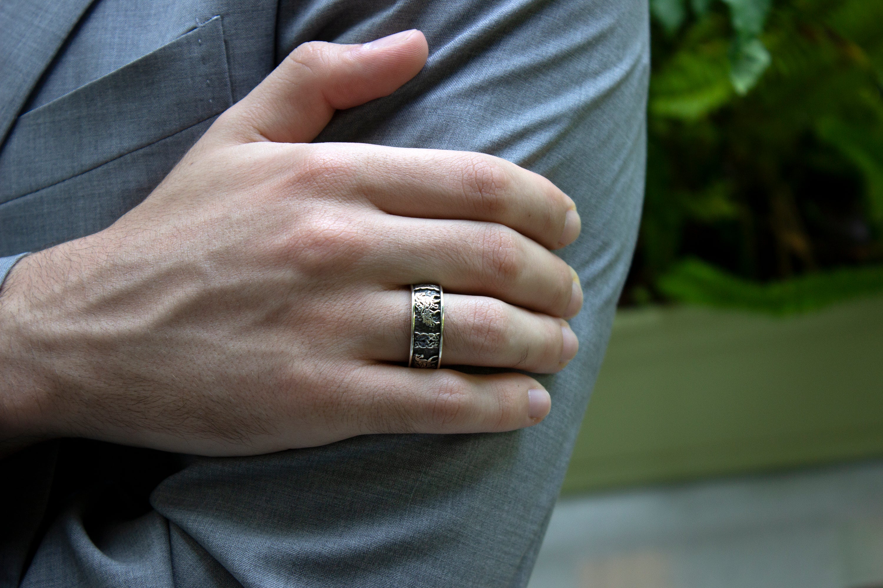 ring, ring on white background, silver ring, sterling silver ring, yellow gold plated ring, oxidized silver, yellow gold plating, celtic, celtic horse, horse ring, engraved ring, custom ring, mens ring, women's ring