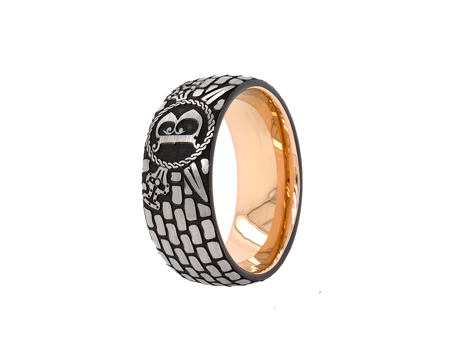 rin, ring on white background, ring with rose gold plating, ring with brick pattern, ring with initial, ring with letter g engraved, ring with ax engravings, viking inspired ring, viking ring, tungsten wedding band, mens wedding band, 9mm ring, women's wedding band, personalized wedding band, custom wedding band