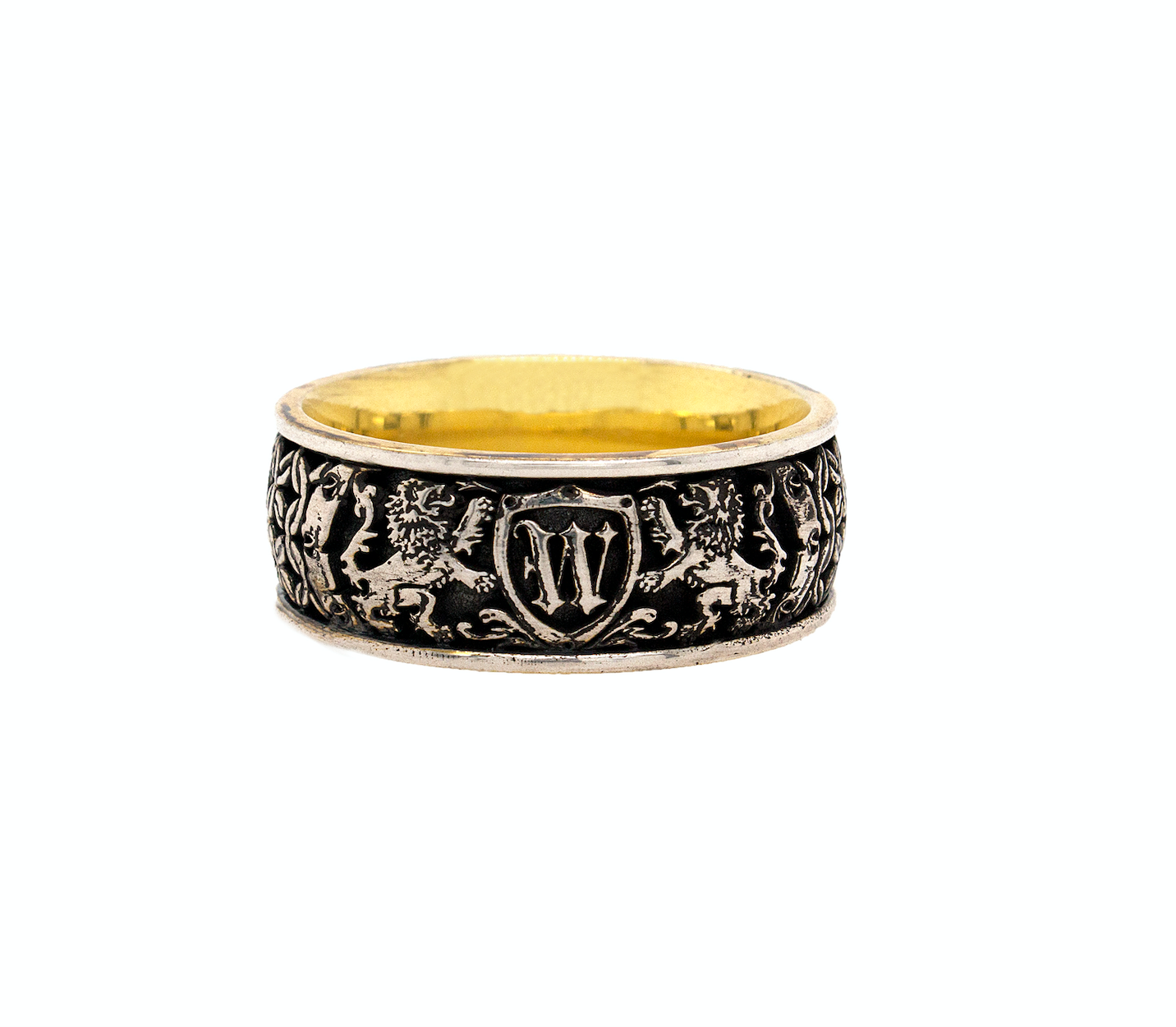 ring, ring with white background, silver ring, yellow gold plated ring, silver and gold ring, mens rings, women's ring, medieval ring, ring with lions, ring with shield, initial ring, personalized ring, custom silver ring
