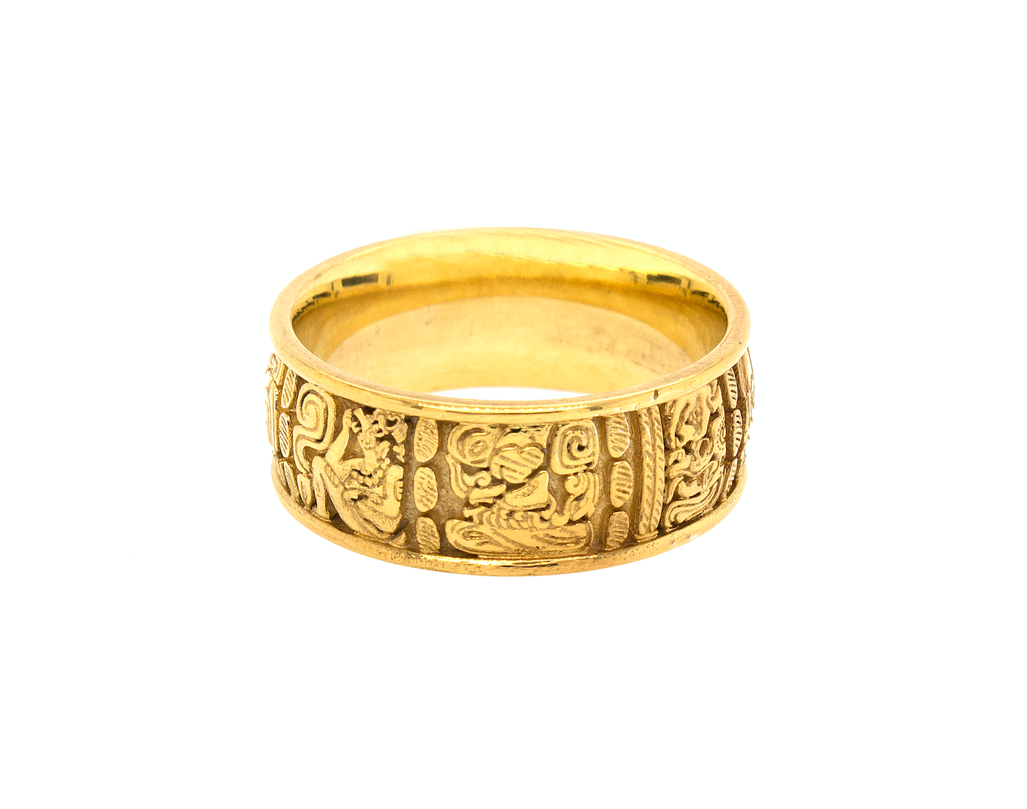 ring, ring on white background, mens ring, womens ring, wedding band, solid gold ring, gold wedding band, mayan ring, ring with mayan symbols, engraved ring, custom ring, unique ring, historical ring