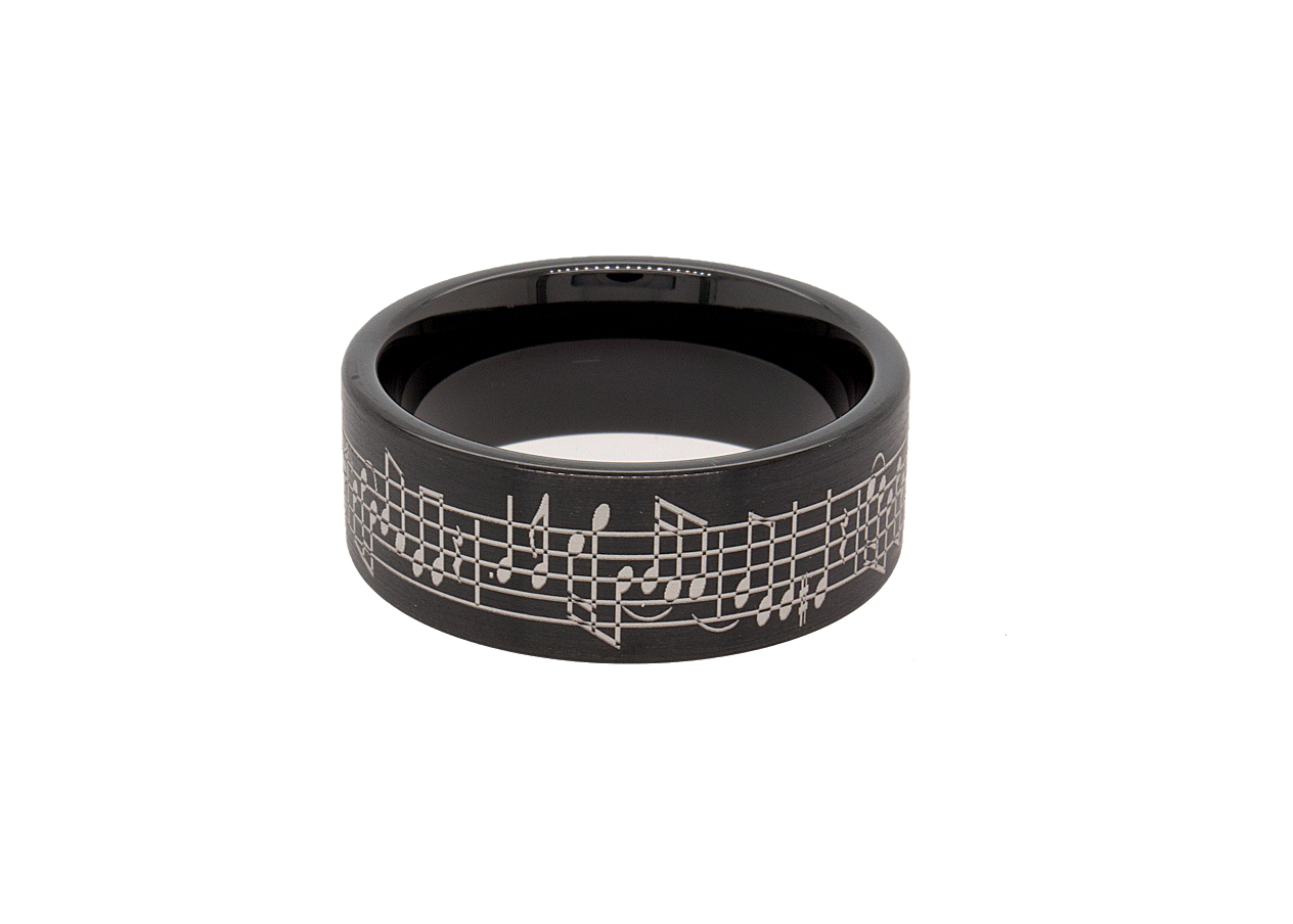 9mm Custom Made Black Plated Pipe Cut Tungsten Ring with Custom Musical Notes