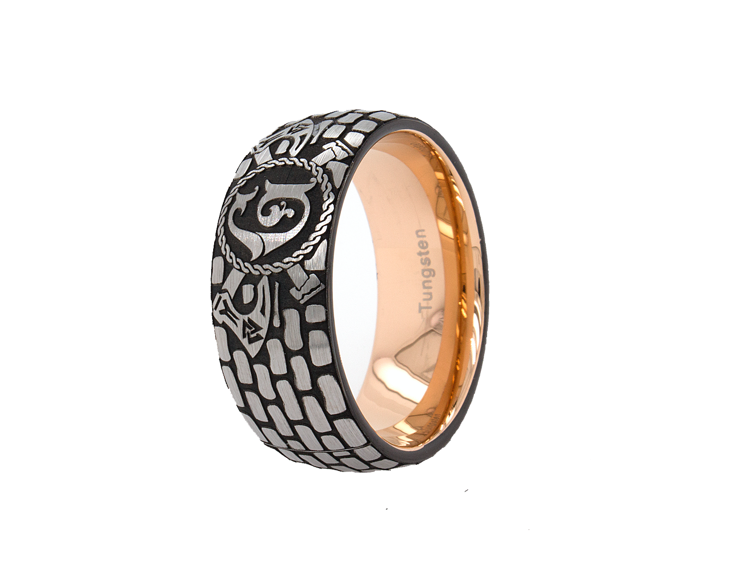 rin, ring on white background, ring with rose gold plating, ring with brick pattern, ring with initial, ring with letter g engraved, ring with ax engravings, viking inspired ring, viking ring, tungsten wedding band, mens wedding band, 9mm ring, women's wedding band, personalized wedding band, custom wedding band