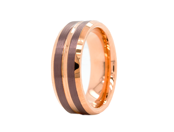ring, ring on white background, rose gold plated ring, brown ring, brushed brown ring, flat shaped ring with groove, grooved ring, rose gold ring, wedding band, mens wedding band, women's wedding band  Edit alt text