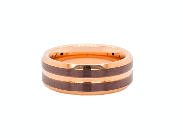ring, ring on white background, rose gold plated ring, brown ring, brushed brown ring, flat shaped ring with groove, grooved ring, rose gold ring, wedding band, mens wedding band, women's wedding band 
