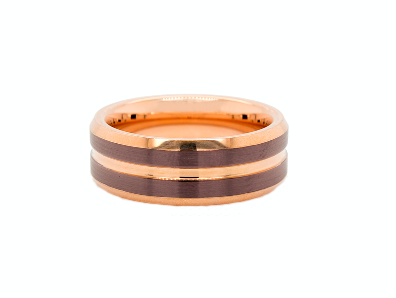 ring, ring on white background, rose gold plated ring, brown ring, brushed brown ring, flat shaped ring with groove, grooved ring, rose gold ring, wedding band, mens wedding band, women's wedding band 