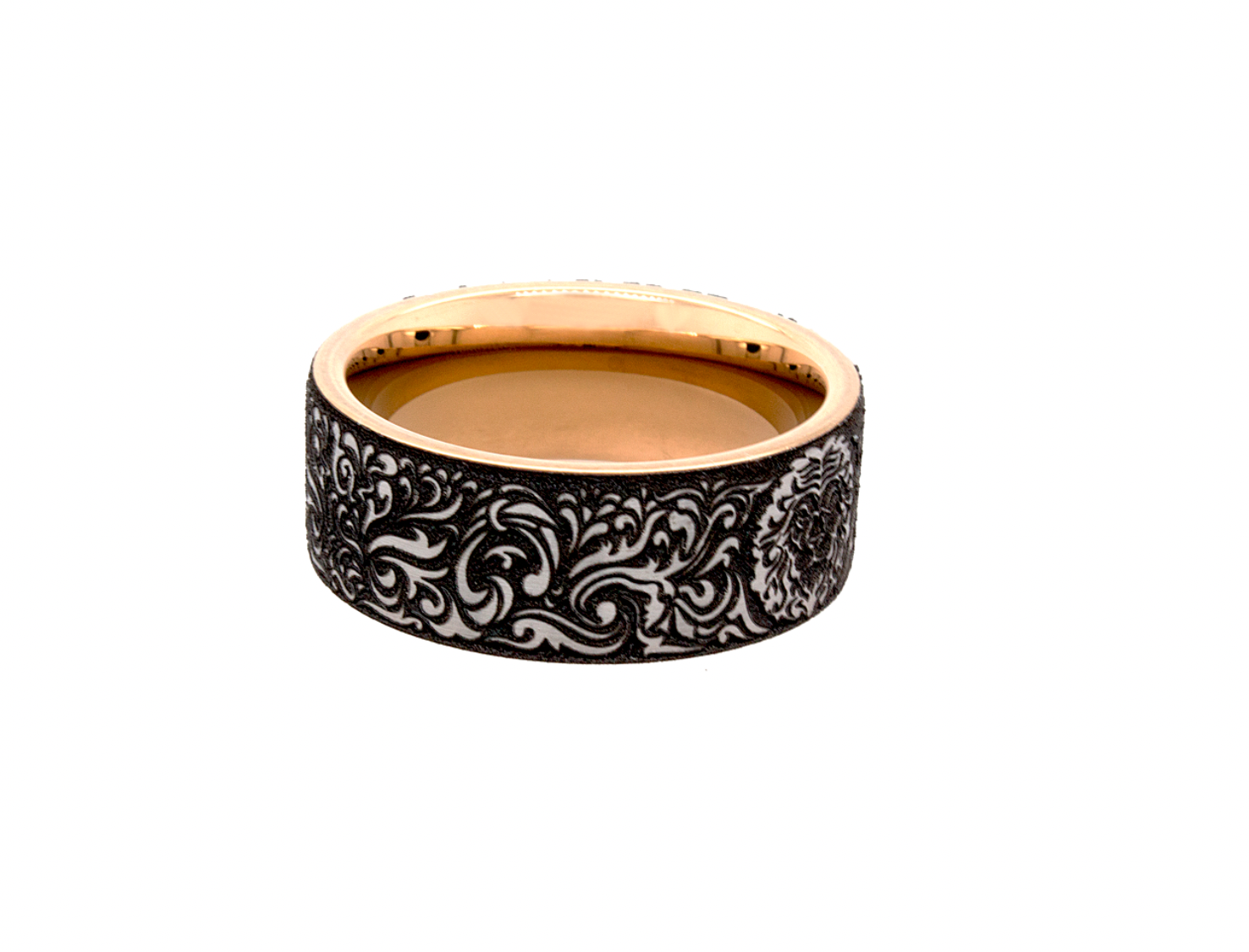 ring, ring with white background, 9mm tungsten ring, rose gold plated ring, thick wedding band, victorian wedding band, ring with lions head, lion ring, wedding band, mens ring, women's ring, rose gold plated tungsten ring, custom ring