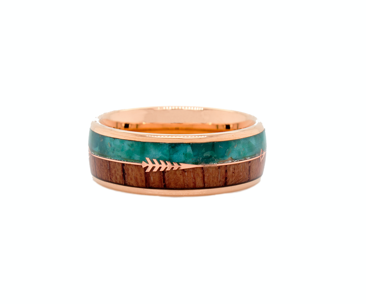 ring, ring on white background, rose gold plated ring, tungsten ring, wooden ring, green malachite ring, ring with rose gold arrow, wedding band, mens wedding band, women's wedding band