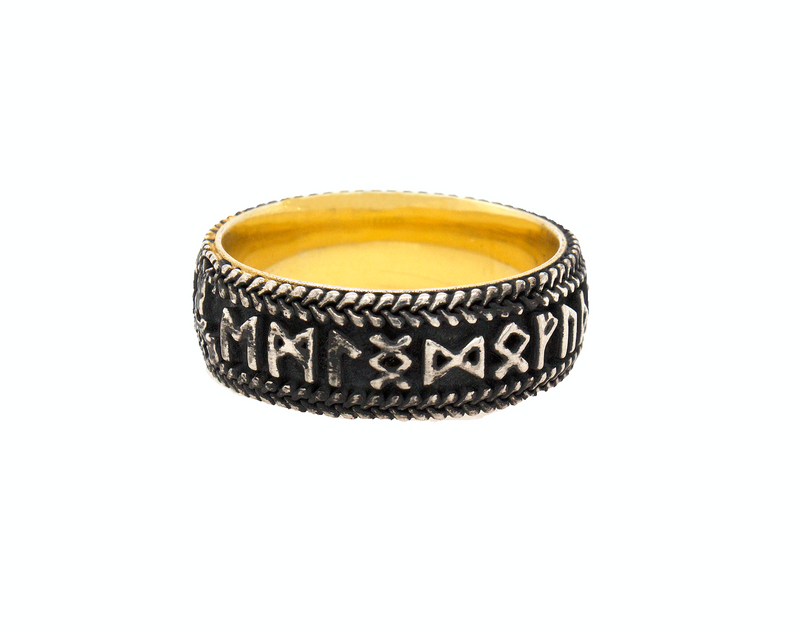 ring, ring on white background, mens ring, women's ring, silver ring, sterling silver ring, oxidized ring, yellow gold plated ring, runes ring, runic ring, custom ring, personalized ring, ring with engraving
