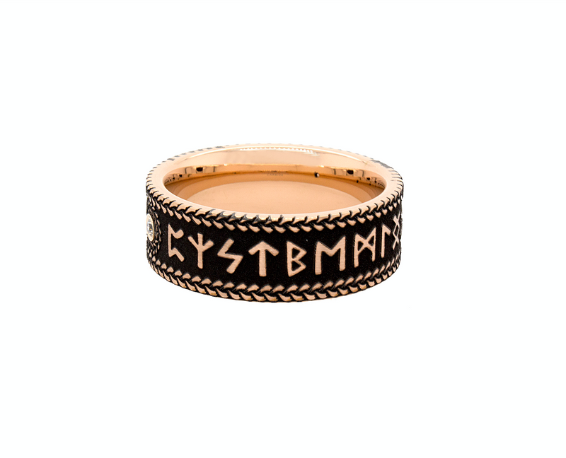 ring, ring on white background, tungsten ring, rose gold plated ring, runic ring, diamond ring, round shaped diamond, runes, nordic runes, personalized ring, custom made ring