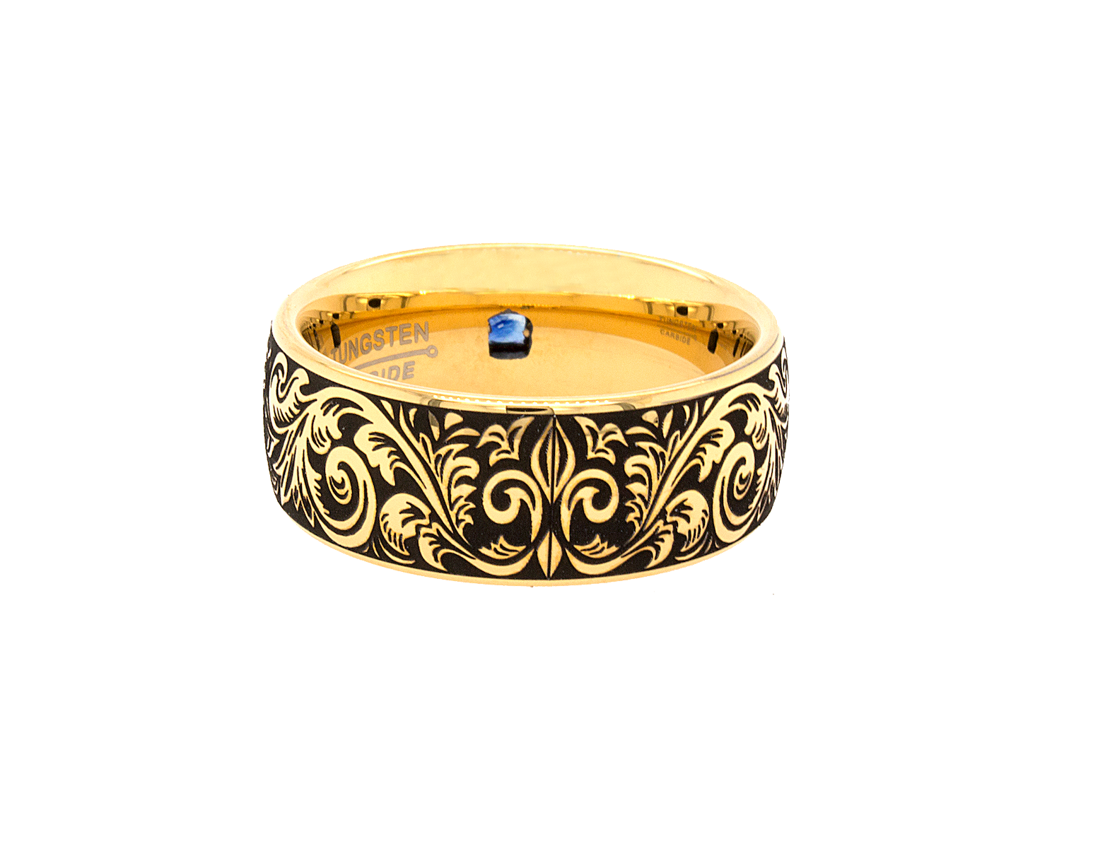 ring, ring on white background, yellow gold plated tungsten, gold plated ring, custom ring, custom wedding band, engraved ring, custom engraved ring, ring with square shaped sapphire, sapphire wedding band, victorian style engraving, victorian wedding band