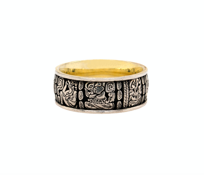 ring, ring on white background, silver ring, sterling silver ring, yellow gold plating, oxidized silver, mayan ring, mayan symbols, ancient symbols, silver and gold ring, mens rings, women's rings
