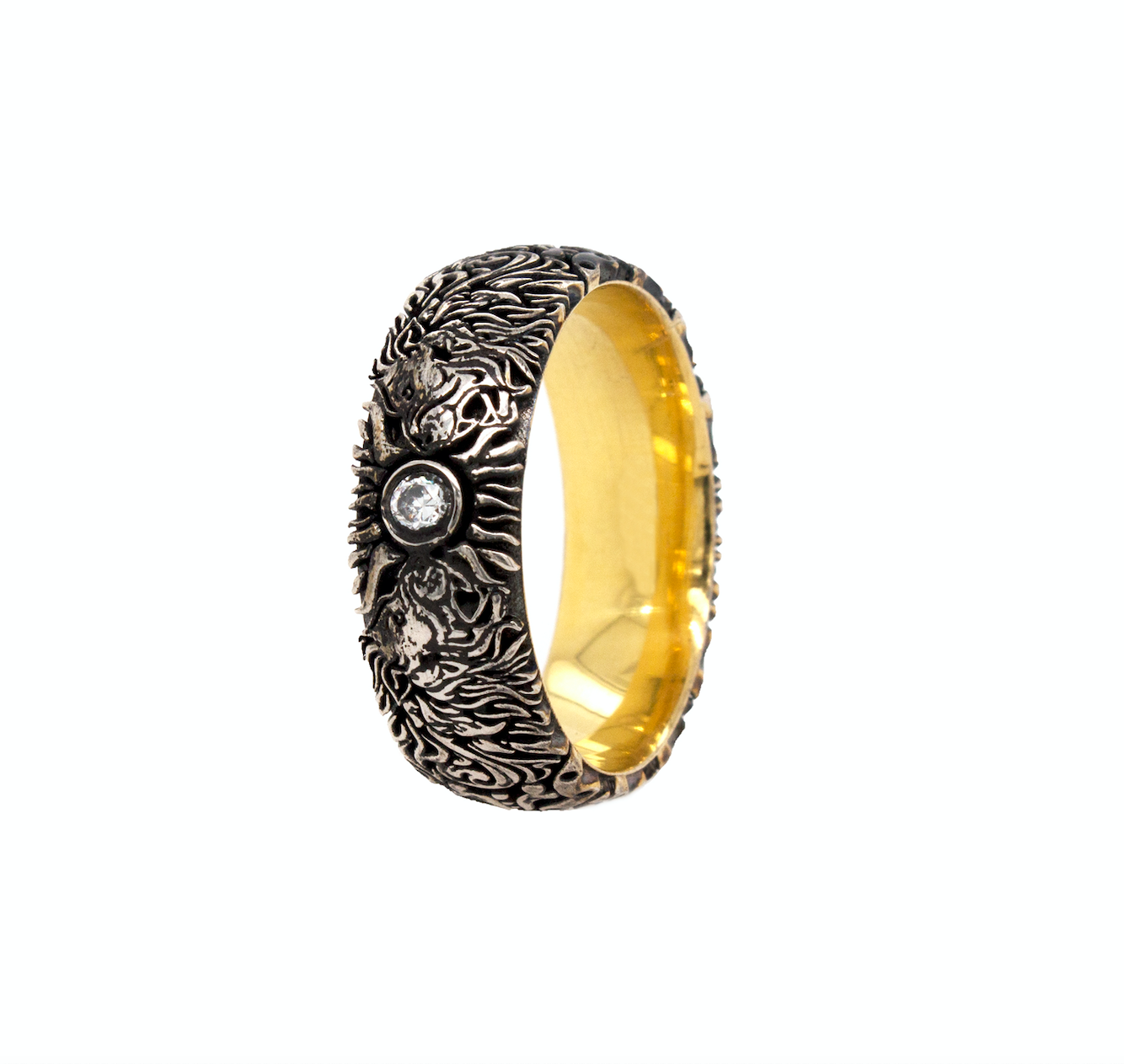 ring, ring on white background, mens rings, women's rings, ring with yellow gold plated interior, engraved ring, ring with lion heads, diamond ring, silver ring, sterling silver ring, medieval ring