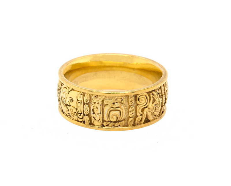 ring, ring on white background, mens ring, womens ring, wedding band, solid gold ring, gold wedding band, mayan ring, ring with mayan symbols, engraved ring, custom ring, unique ring, historical ring