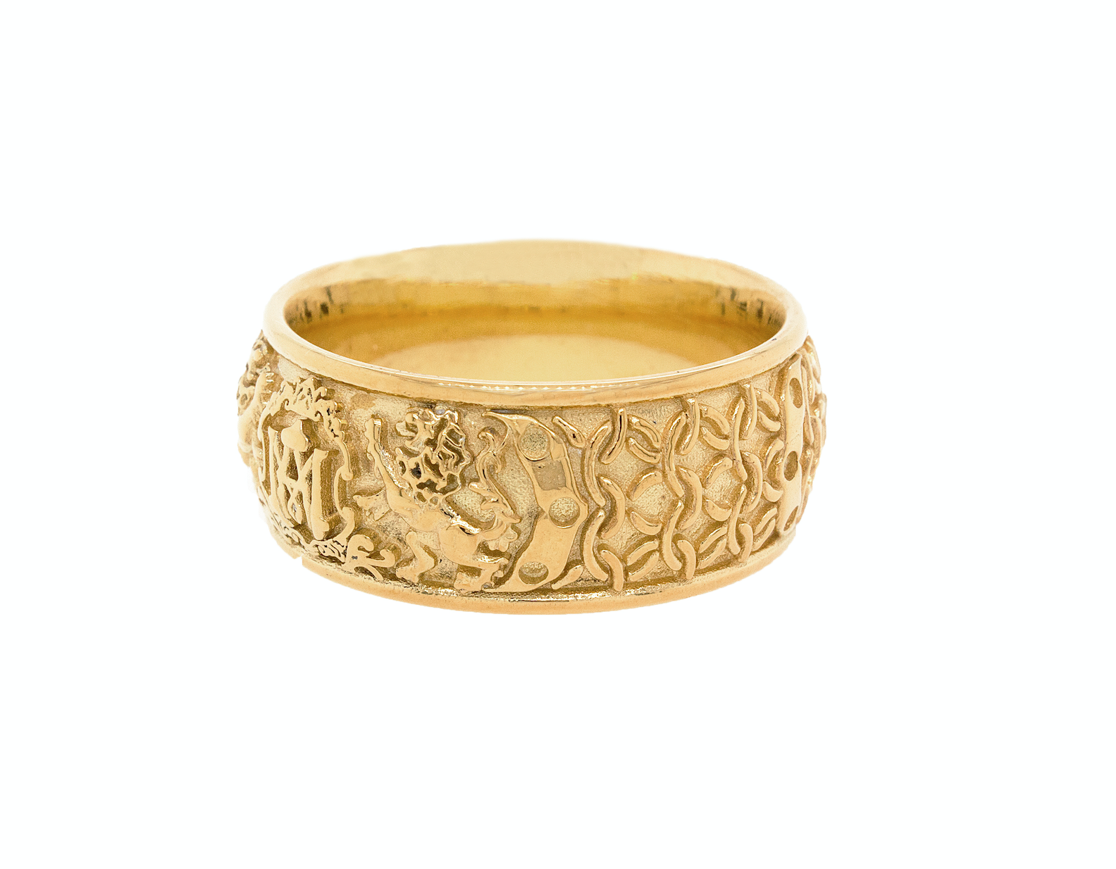 ring, ring on white background, gold ring, yellow gold ring, mens ring, wedding band, custom wedding band, ring with initials, personalized ring, medieval engravings, medieval inspired ring, ring with lions, monogram ring, unisex wedding band