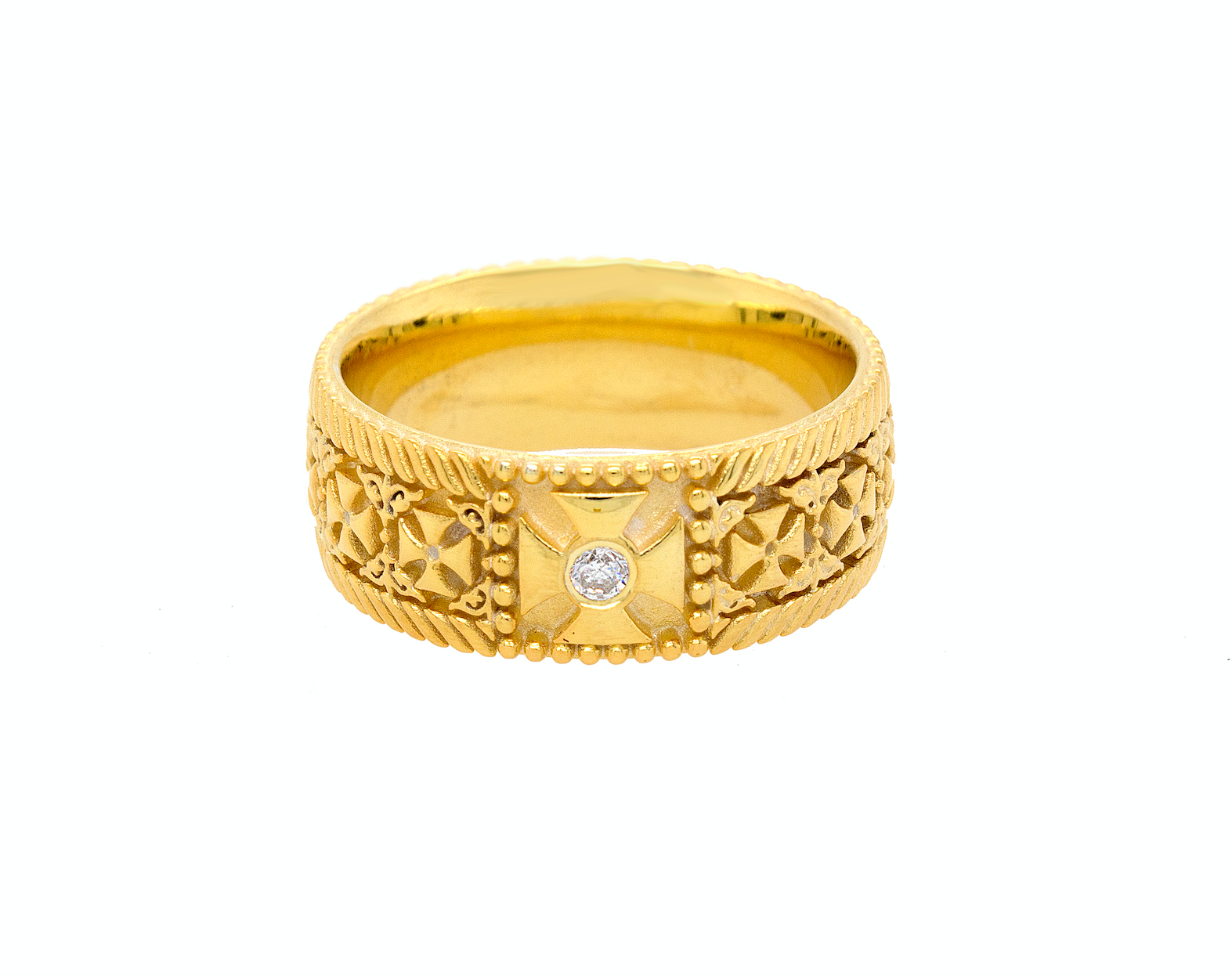 ring, ring on white background, mens ring, womens ring, solid gold ring, solid gold wedding band, 8mm ring, gold ring, cross ring, engraved ring, custom ring, diamond ring, diamond wedding band